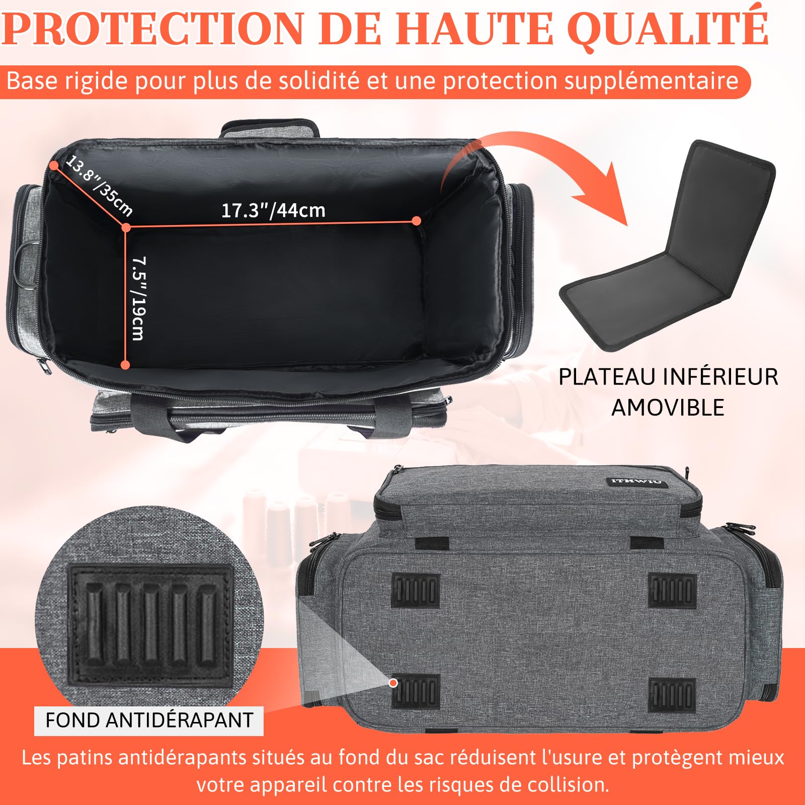 Sac de Machine à Coudre avec Multiples Compartiments de Rangement, Gris | Sac Machine à Coudre avec Insert Rembourré Amovible, Compatible avec la Plupart des Machines à Coudre Domestiques Standard