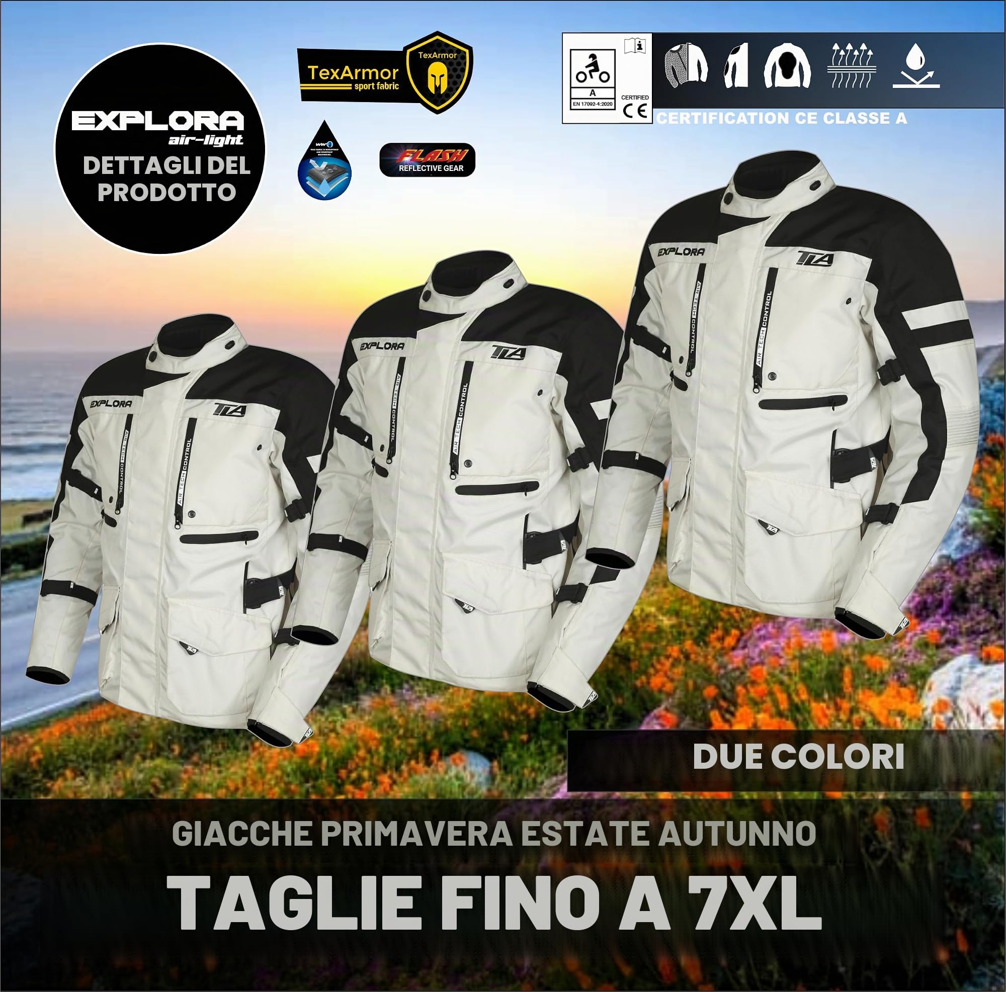 TLA EXPLORA LIGHT Giacca moto con protezioni omologata CE classe A, fodera impermeabile rimovibile, taglie sino 7XL uomo, donna, Giubbotto moto Enduro mezza stagione, estiva