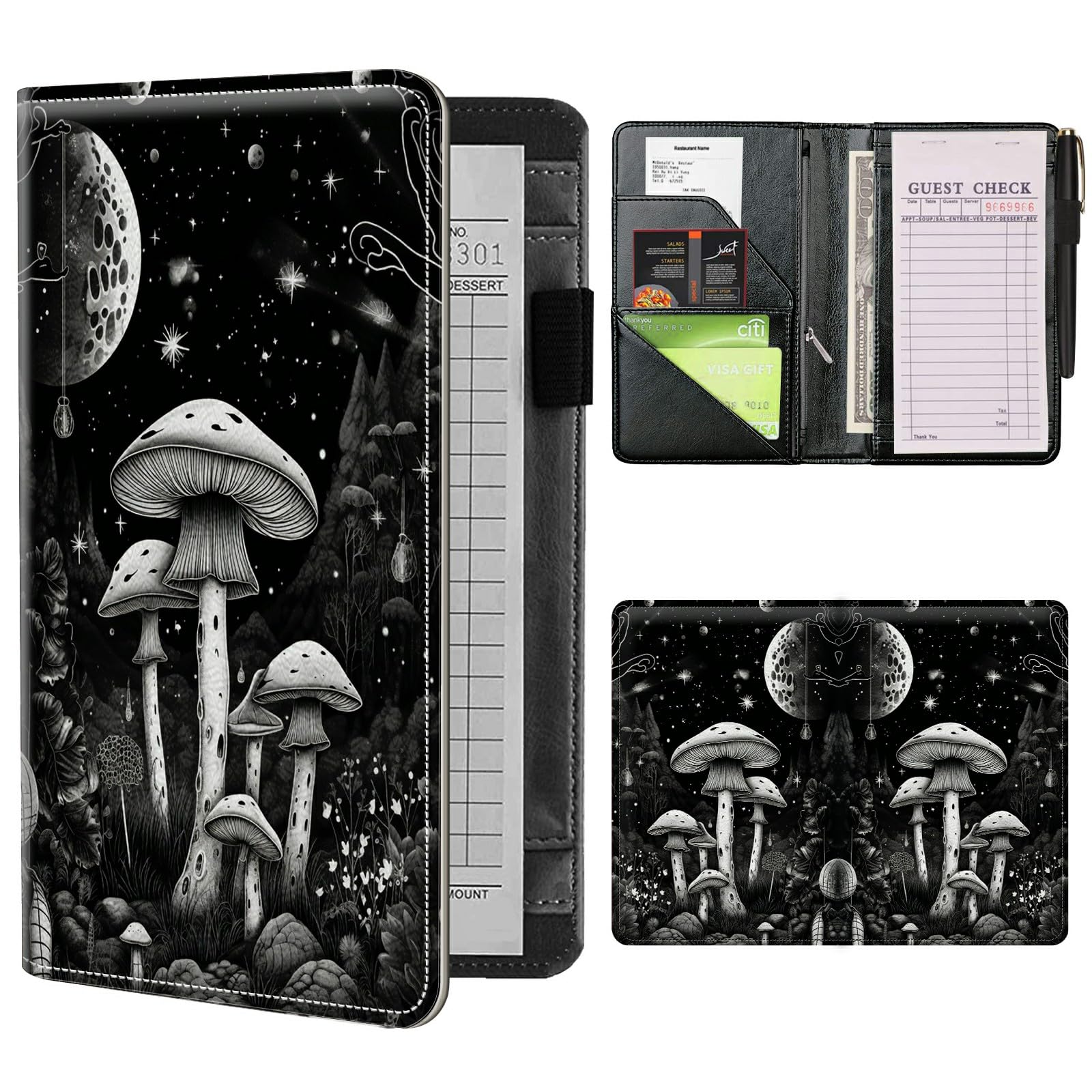 Server Books for Waitress Waiter with Zipper Pocket, Moonnight Mushroom Leather Server Pads (5