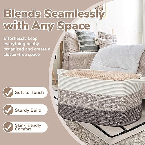Vista 124 de Goodpick Cesta grande de almacenamiento de juguetes, cestas de cuerda de algodón gris para bebés, niños, cesta de almacenamiento tejida con asa
