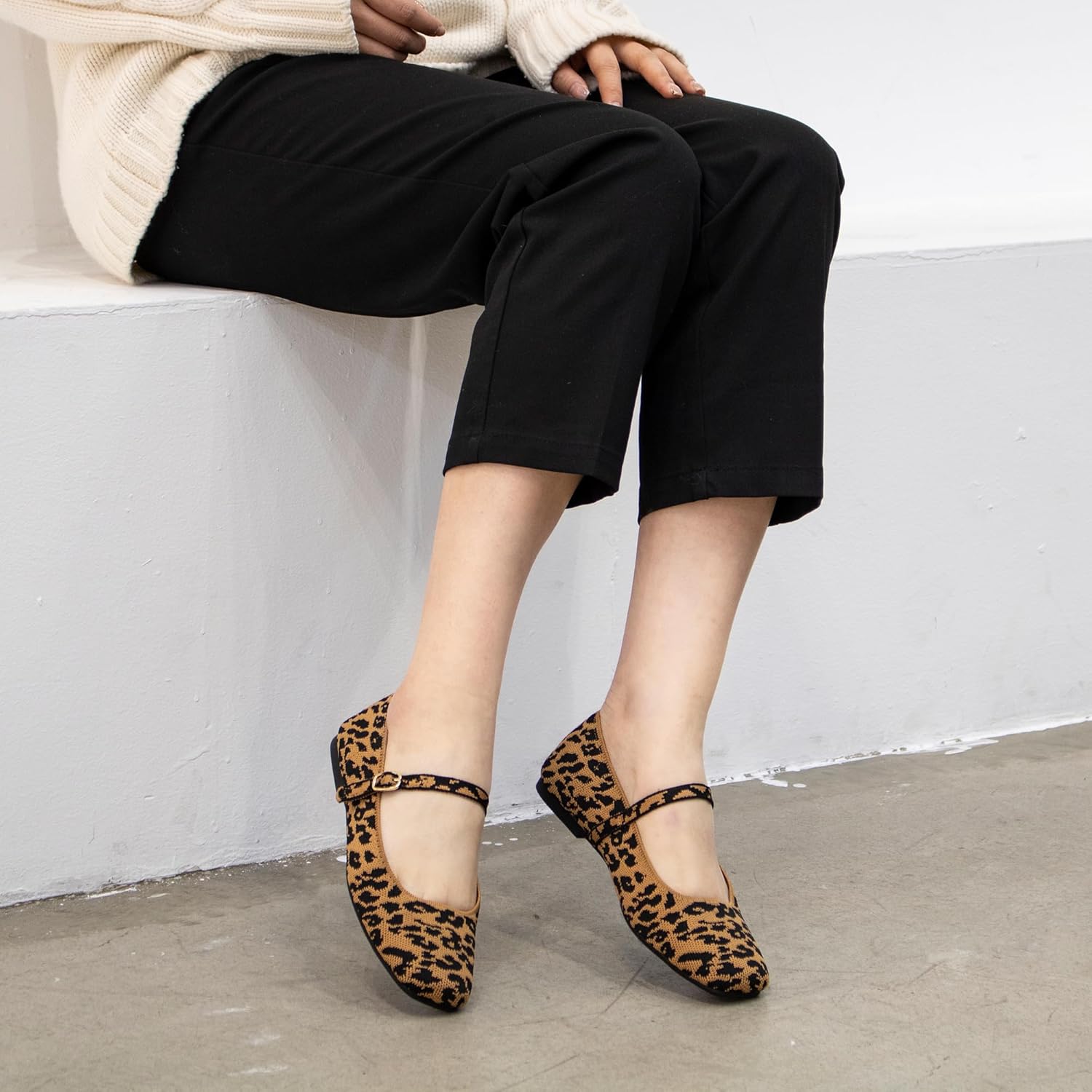 Knit Flats for Women Square Toe Flats Casual Ballet Flats with Ankle Strap,Mary Jane Shoes Women Comfortable for Dressy Office - Image 2