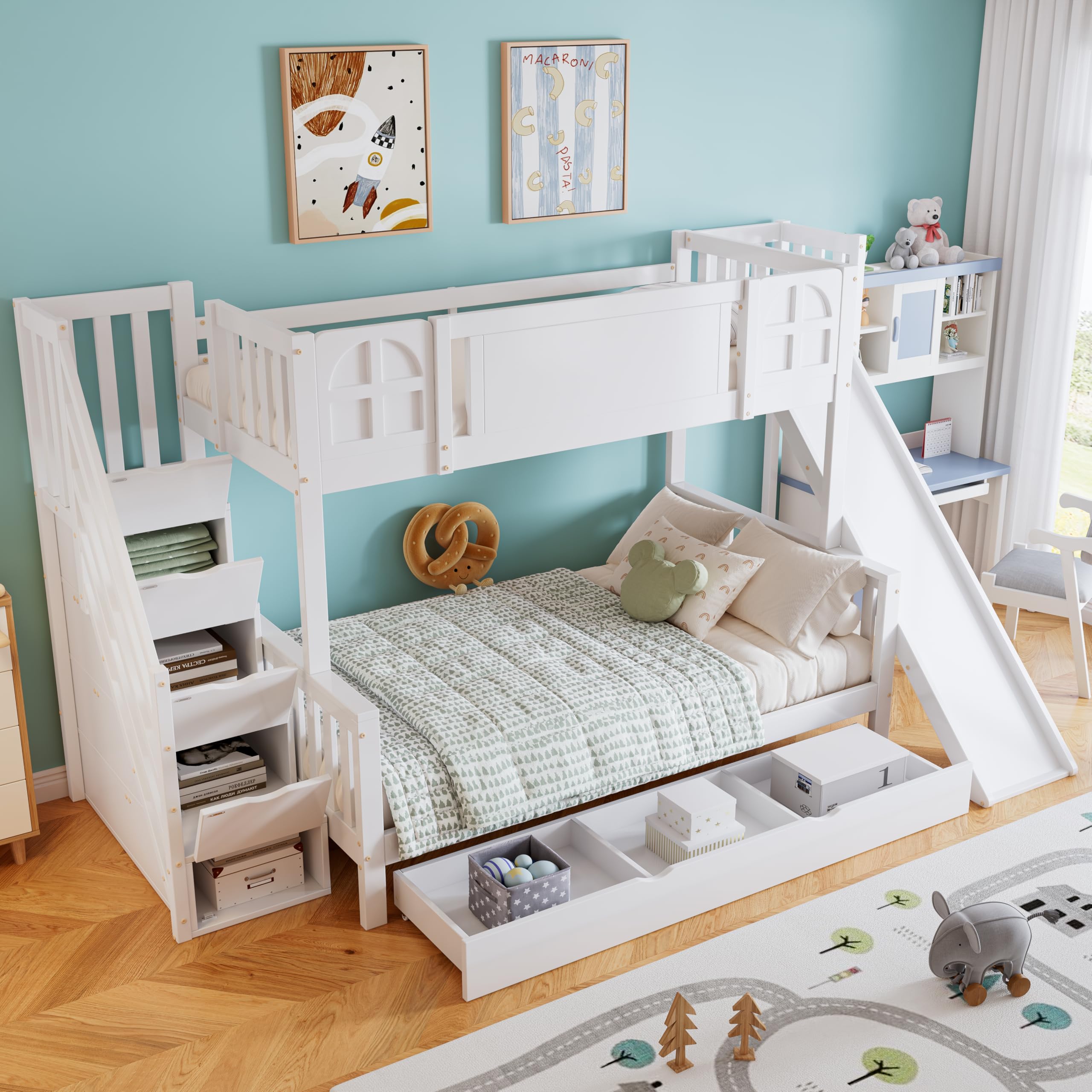 Etagenbett, 90x200cm, 90x200cm, Weiß, Kinderbett Mit Fenster, Mit Kinderrutsche, Schubladen mit Rollen, Treppen mit Handlauf, Mit 4 Schließfächer in der Treppe, Vielseitiges Design, Reichlich Stauraum