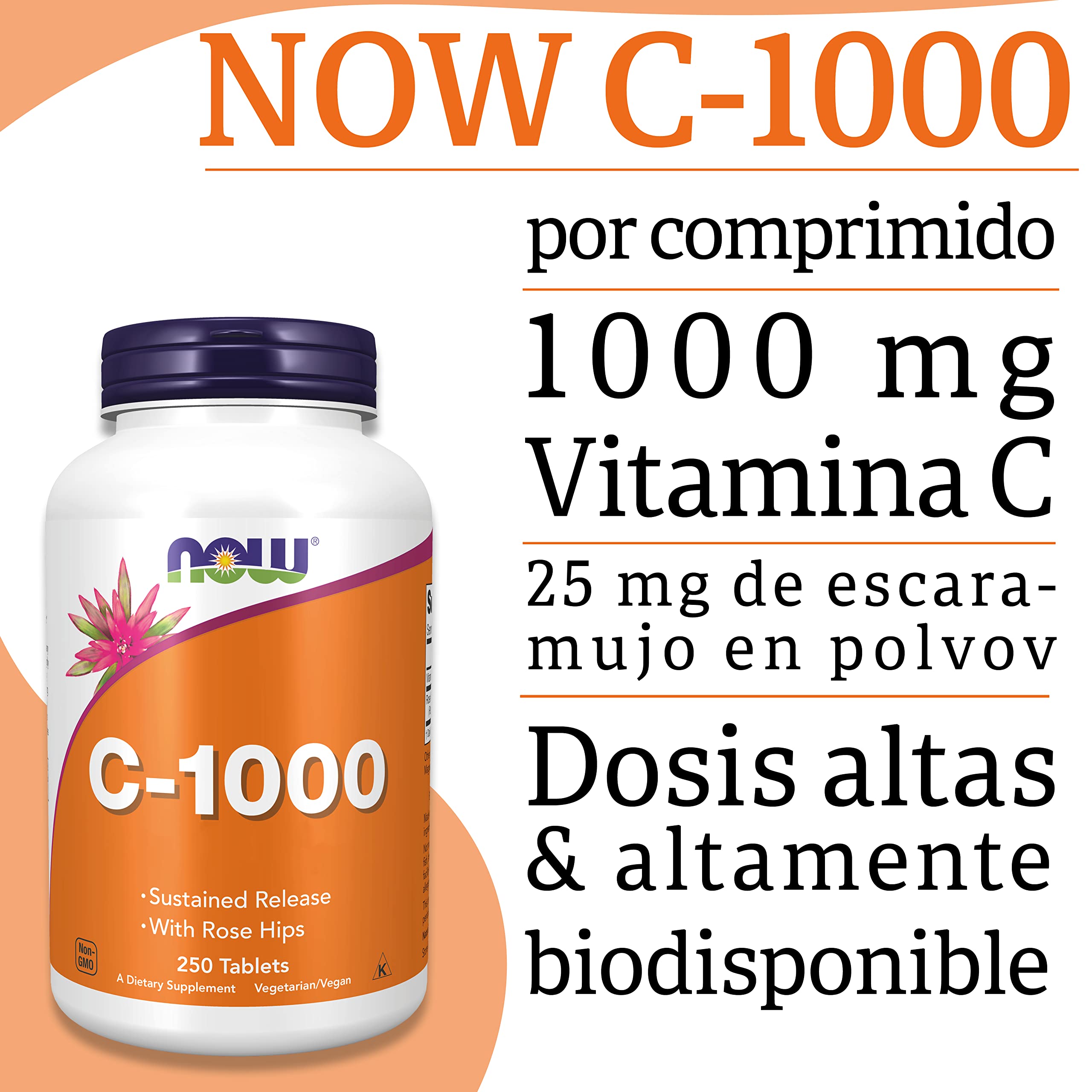 Now Foods, C-1000, 1.000mg, 250 Comprimidos veganos, Probado en Laboratorio, Vitamina C, Rosa Mosqueta, Sin Gluten, Sin Soja, Vegetariano
