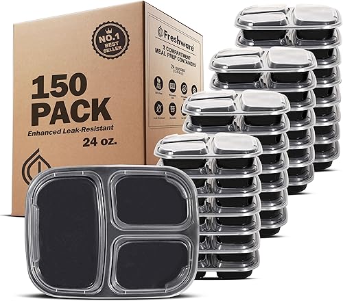 Freshware Contenedores de preparación de comidas paquete de 150 3 compartimentos con tapas, contenedores de almacenamiento de alimentos, caja Bento,