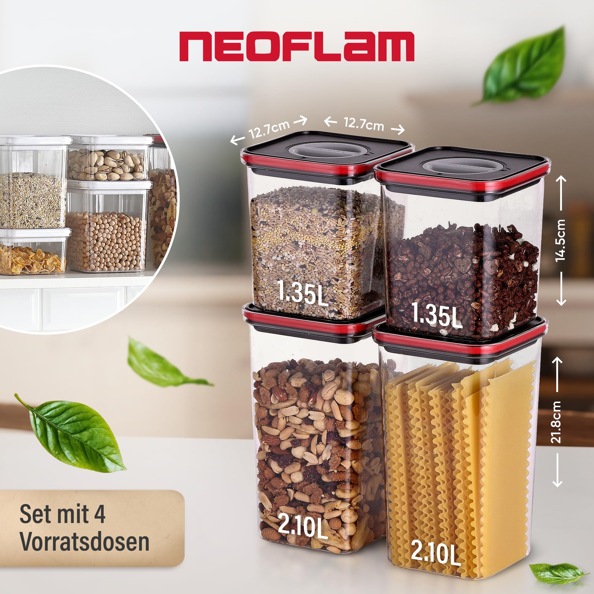 Neoflam Contenitori con coperchio, ermetici, set da 4 pezzi, senza BPA, con chiusura a vite con una sola mano, contenitori salvafreschezza per alimenti, coperchio nero, 2 x 1,35 l, 2 x 2,1 l