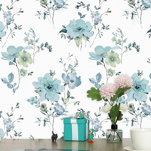 Papel tapiz floral para despegar y pegar, papel tapiz floral de tinta azul para dormitorio, papel de contacto floral, papel tapiz autoadhesivo