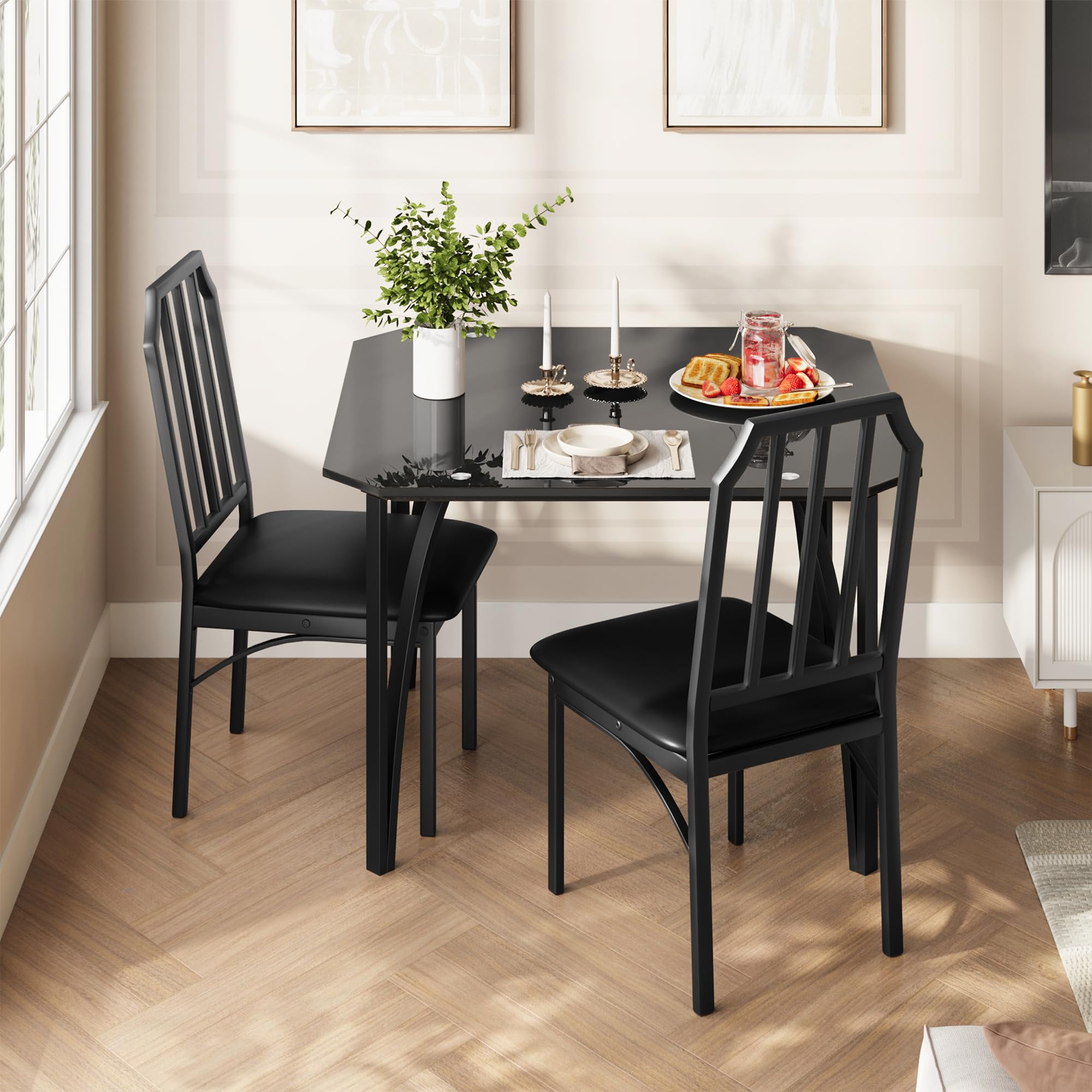 Crevyteg Glass Dining Table Set for 2, Kitchen Table and Chairs for 2 with Padded Seats, 3 Piece Dining Room Table Set with Angular Design for Small Space, Home Kitchen, Apartment, Black Glass Top
