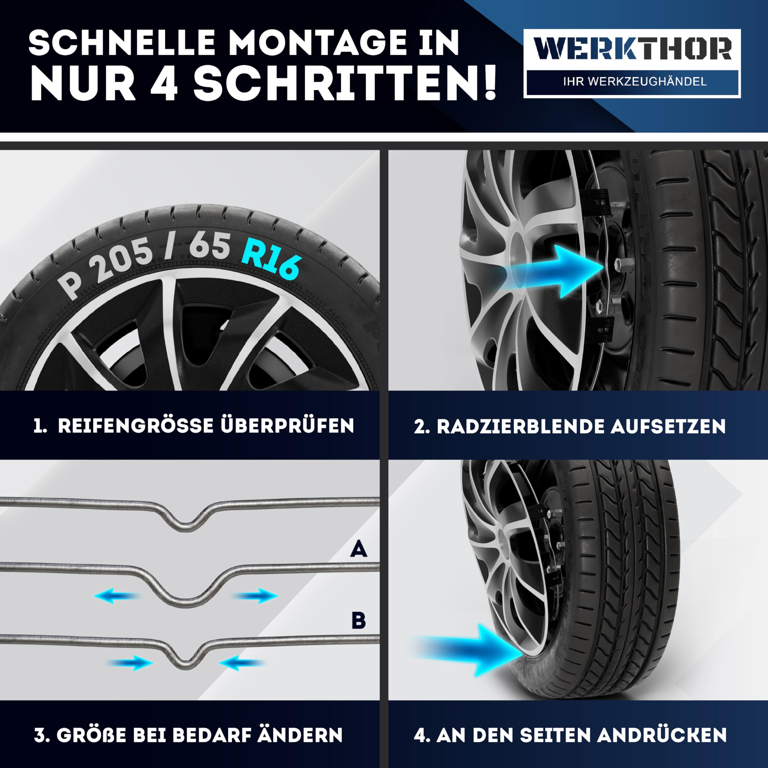 WERKTHOR Copricerchi 16 Pollici – Set 4 Copricerchi da 13 a 16 Pollici Nero/Argento – Copri Cerchi 15 Pollici per Auto – Borchie Robuste per Cerchi in Acciaio