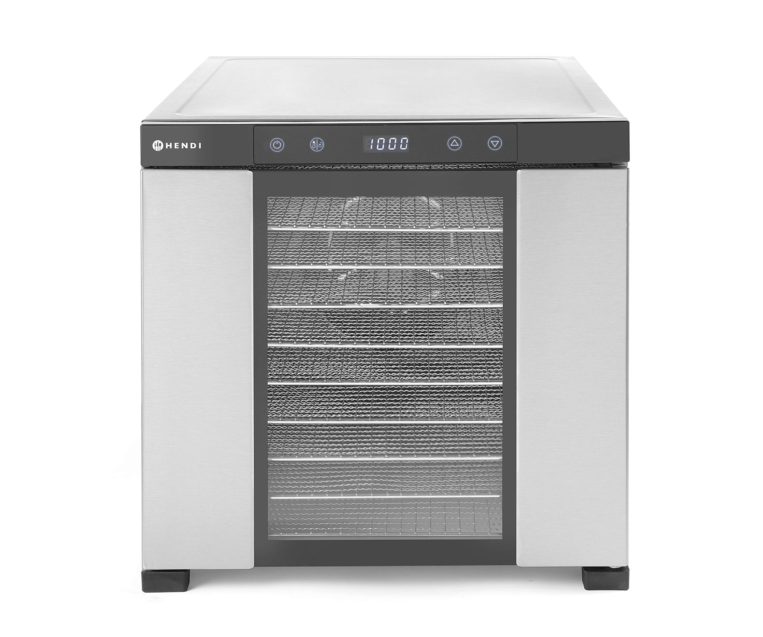 HENDI Essiccatore alimentare, con 10 griglie, per l’essiccazione di frutta, verdura e carne, timer, intervallo di temperatura da 35º a 75ºC, 230V/1000W, 430x535x(H)416mm, acciaio inossidabile