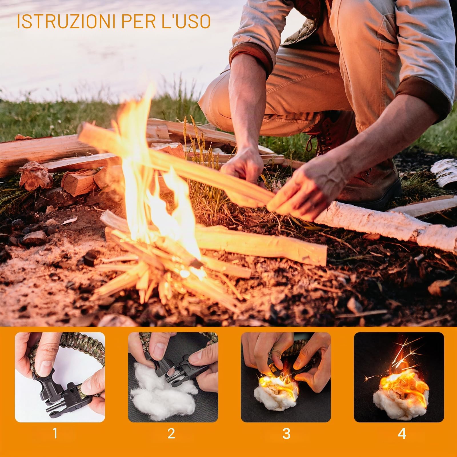6 Pezzi Braccialetto Paracord Sopravvivenza Kit, Bracciale Sopravvivenza Regolabile, con Flint Bussola Fischietto Lame, per attività all'aperto Escursionismo Campeggio di Emergenza