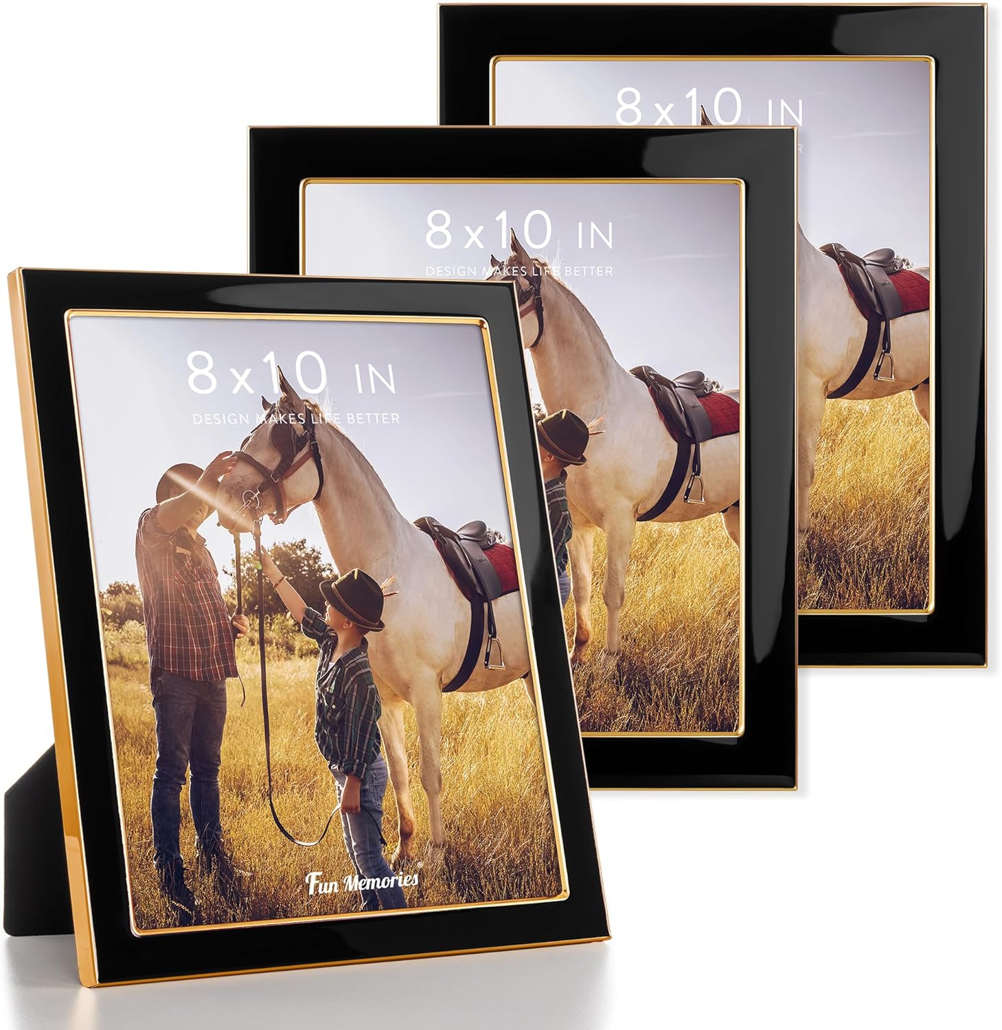 Fun Memories 8x10 Picture Frame - 3pcs Black Enamel Glass Photo Frame with Gold Metal Edge & Easel for Display Picture Frame on Countertops, Tabletops, Bookshelves, Desks, Walls (Black/Gold)