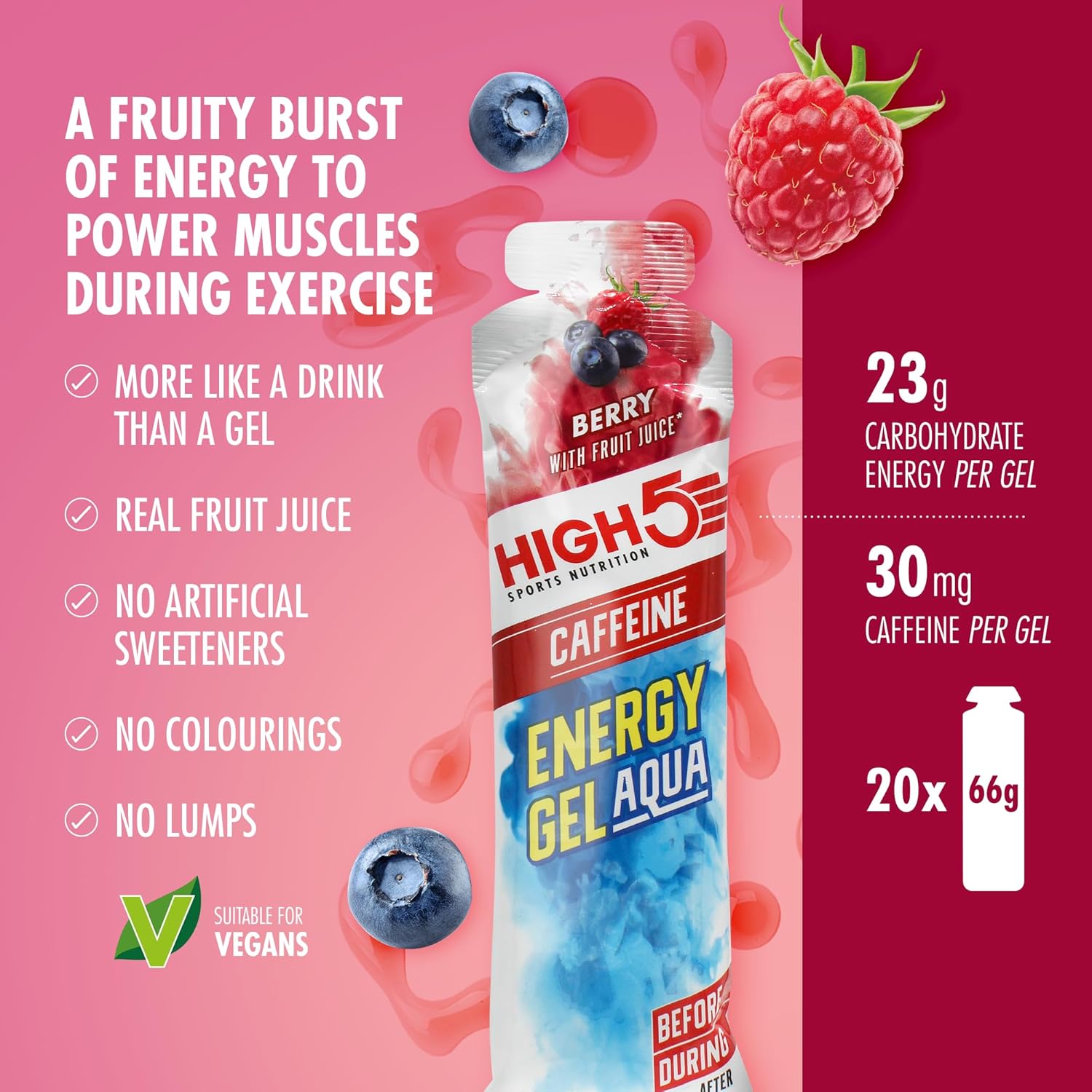 HIGH5 Aqua Caffeine Carbohydrate Gels - Running Supplements for Fast Energy - Natural Fruit Juice - Muscle Gel Endurance Fuel for Cycle Nutrition & Energy Gels for Hiking (Berry, 20 x 66g)