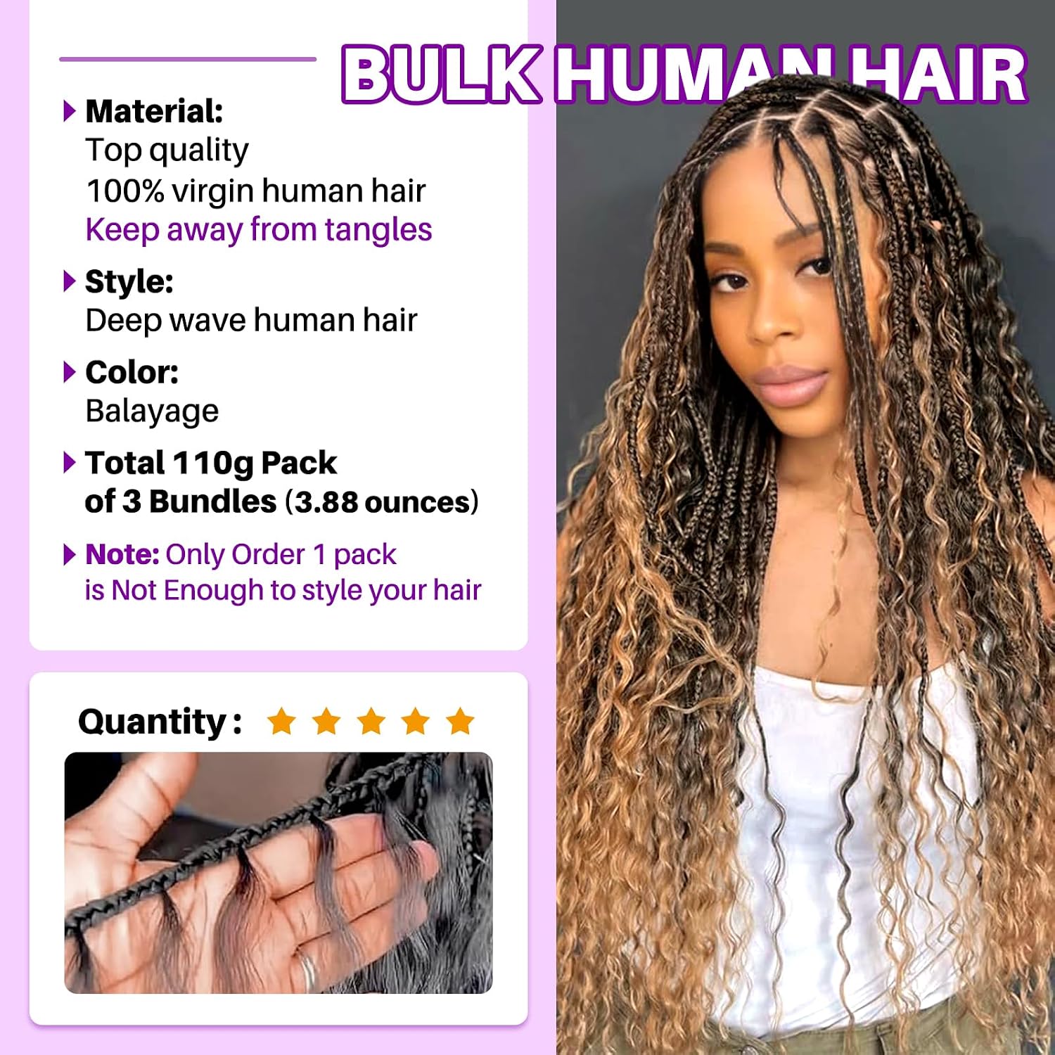 Human Braiding Hair for Boho Braids, Deep Wave Bulk Boho Braids Human Hair Curly Bohemian Water Wave Knotless 110g 16 Inch Balayage Chocolate Brown to Caramel Blonde (3 No Weft Bundles/Pack)