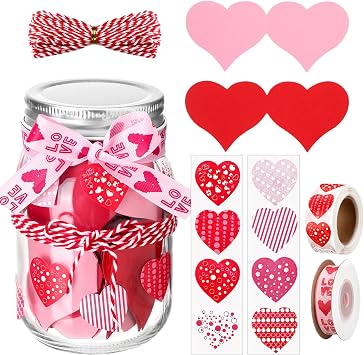 Love Notes Jar with 50 Red Pink Heart Notes Cards Heart Stickers and Ribbon Valentines Love Message Memory Jars Wedding Anniversary Birthday Gift for Boyfriend Girlfriend Husband Wife Couple