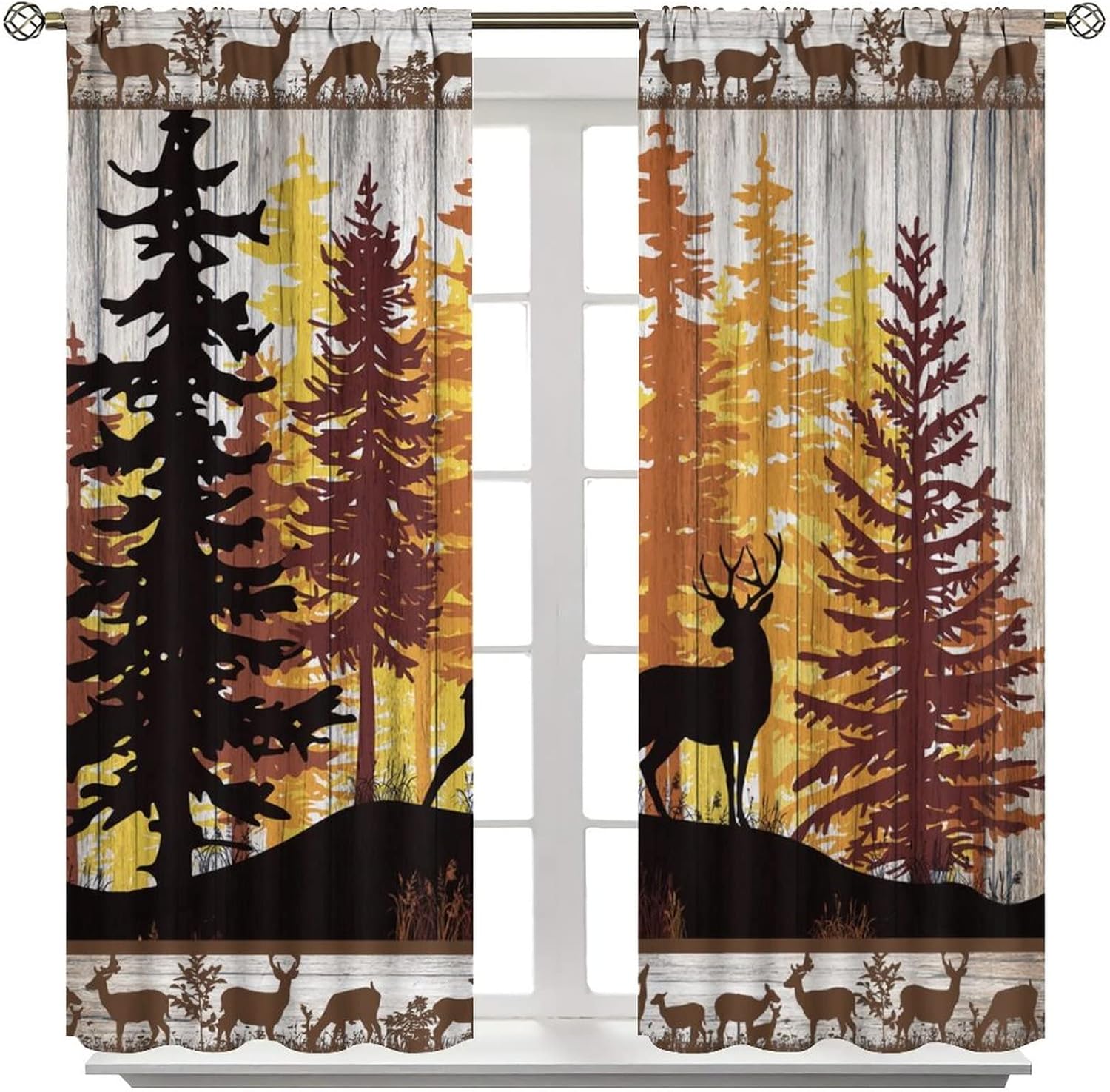 Rustic Cabin Deer Rod Pocket Blackout Curtains for Bedroom - Vintage Country Farmhouse Wooden Cute Deer Forest Print Window Drapes,Thermal Insulated Room Darkening Curtains 2 Panels 63L x 21W