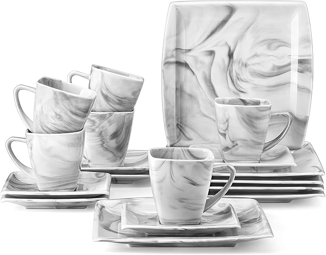 MALACASA Marble Gray Tea Cups and Saucers, 18 Piece Square Dinner Set with Dessert Plates, Dish Set with 7.8-inch Appetizer Plates, 7 OZ Espresso Cups and Sauces, Service for 6, Series Blance