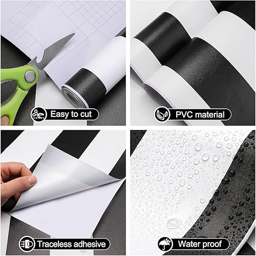 Miniatura 2 de Amiya Revestimiento de pared autoadhesivo con rayas blancas y negras, resistente al agua, fácil de limpiar, mejora la decoración de tu hogar, sala
