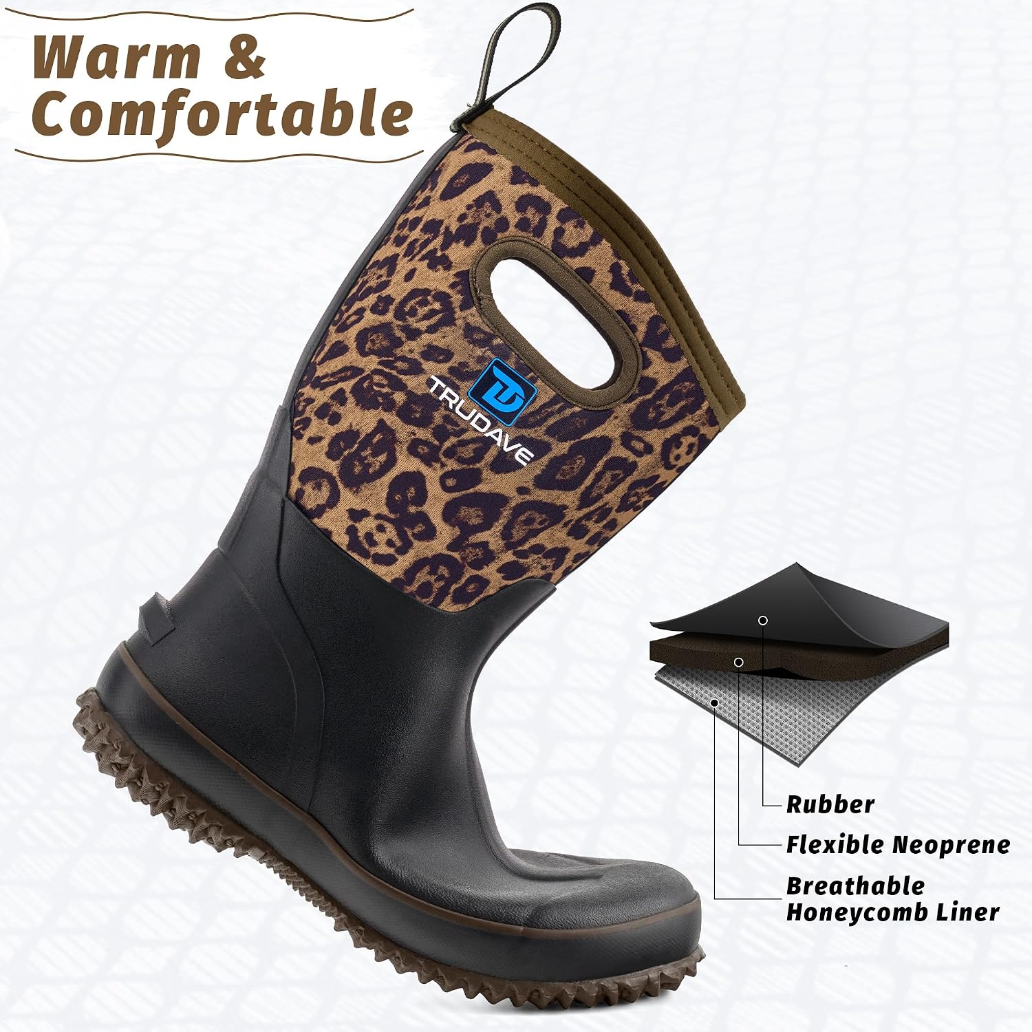 Trudave Rubber Boots for Women, Mid Calf Rain Boots, Womens Waterproof Boots, Neoprene Insulated Outdoor Work Mud Boots for Hunting Farming Gardening Fishing, Size 5-11