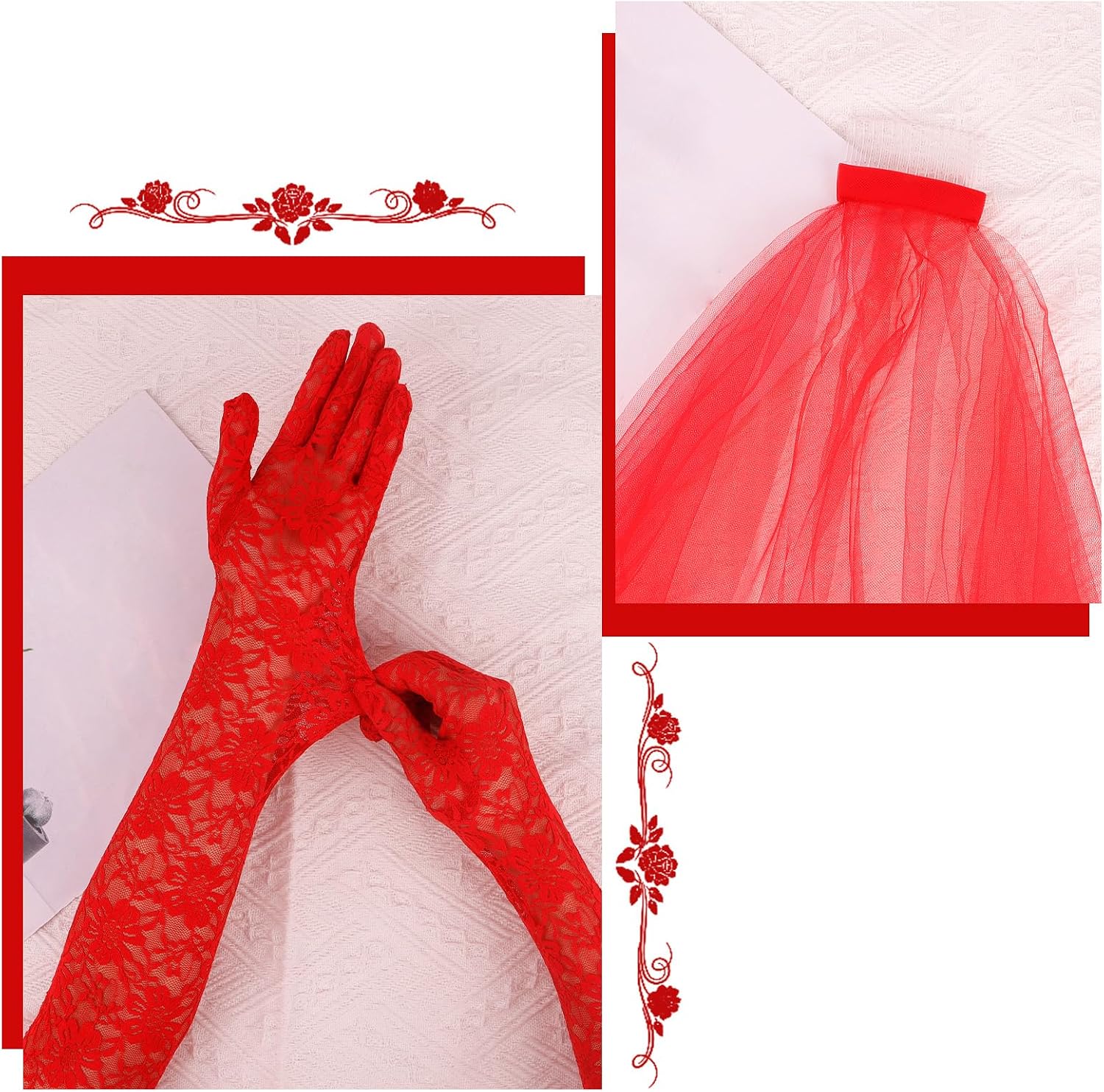 Red Veil and Gloves Set Gothic Bride Costume Accessories, Halloween Wedding Veil, Victorian Masquerade