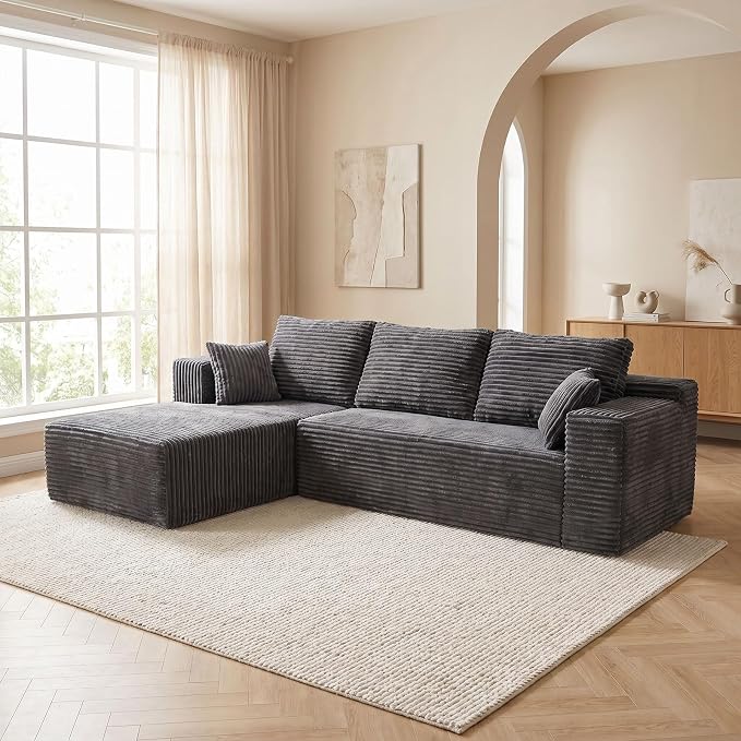 106" Boneless Sectional Couches for Living Room,Modular Sectional Sofa with L-Shape Chaise,Corduroy Oversized 3 Seater Cloud Couches for Apartment,No Assembly(Dark Grey,Left Facing Chaise)