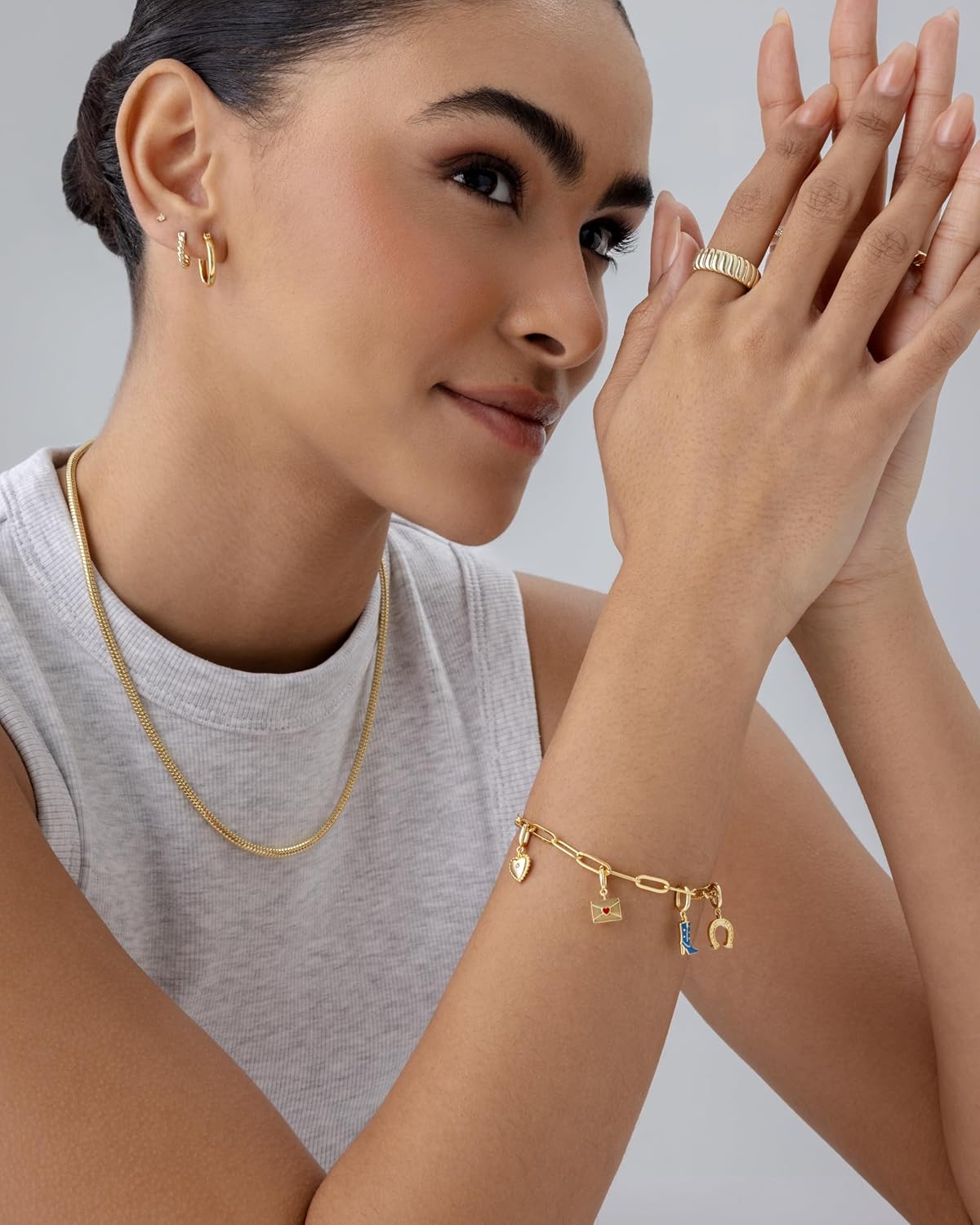 PAVOI 14K Gold Plated Adjustable Bracelet for Women | Twisted Bar & Paperclip Charm Chain Bracelets with Moon, Evil Eye, Teddy Bear, Valentines Day Heart Lock, Airplane, Dog, Cowboy Boot, Cat, Cupid & More | Fashion Jewelry