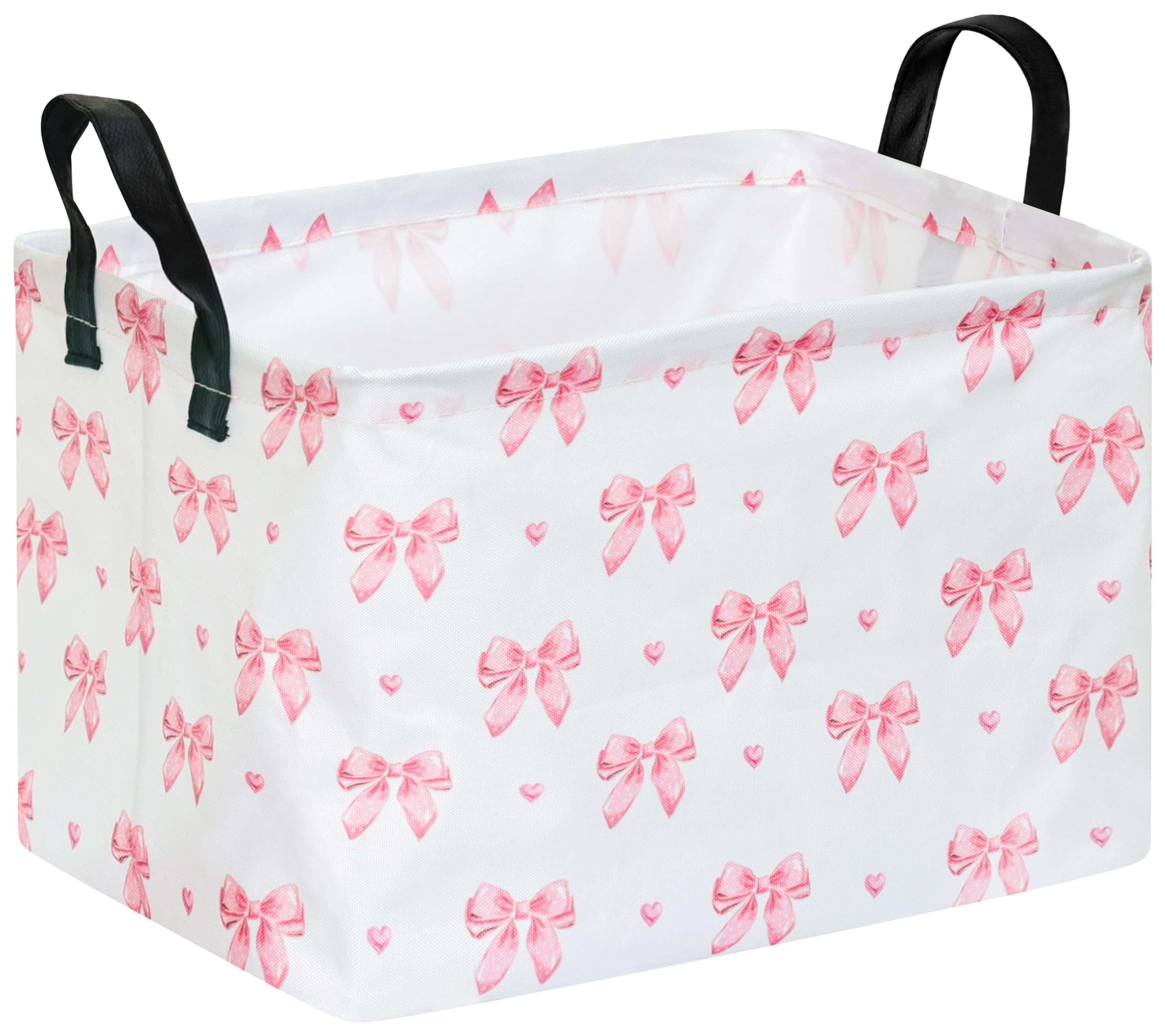 Pink Bow Canvas Storage Basket Waterproof Laundry Hamper with Leather Handles Collapsible Decorative Bin for Girls Bedroom Toys Clothes Gift Giving