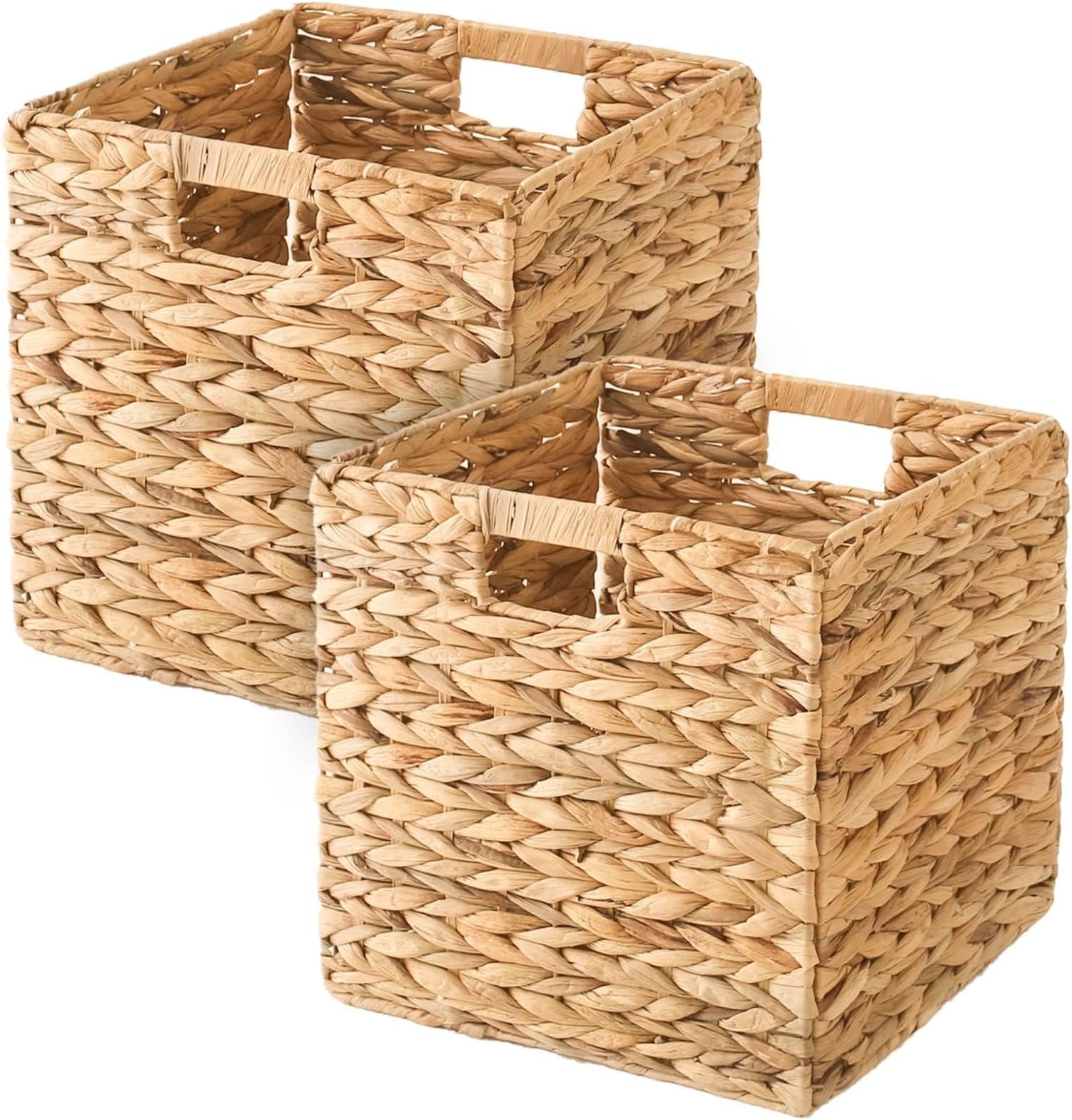 Wicker Storage Basket, Foldable Water Hyacinth Basket for Organizing, Decorative Water Hyacinth Storage Baskets with Handles, Handwoven Storage Basket Set, 30cm x30cm x30cm (2 Pack)