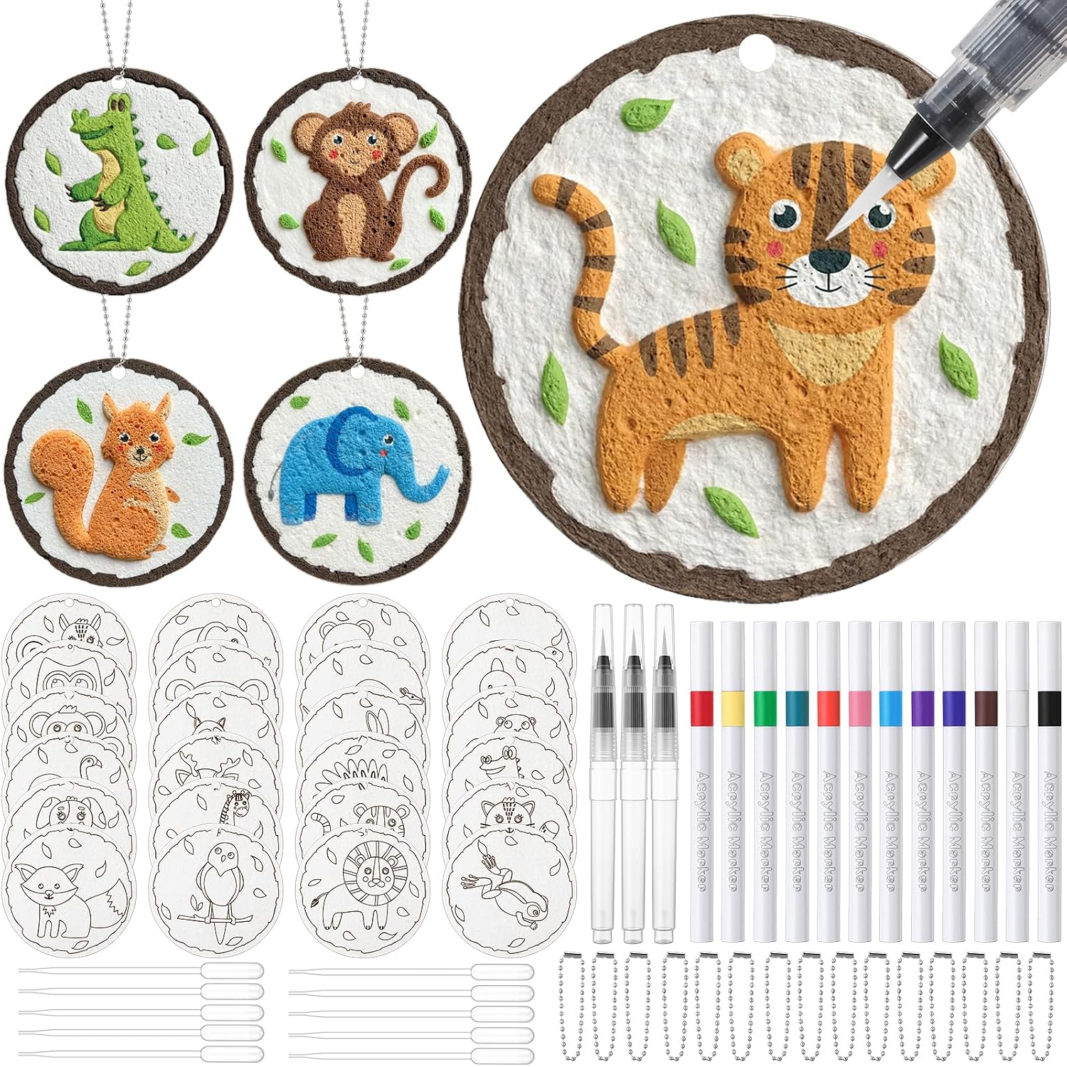 Jaloro 73 Pcs Woodland Animals Magical Foam Texture Painting Kit Magic Puffy Paint with 24 Foam Texture Paper, 12 Color Acrylic Markers, 24 Keychains for 3D DIY Art Woodland Birthday Party Favor Gift