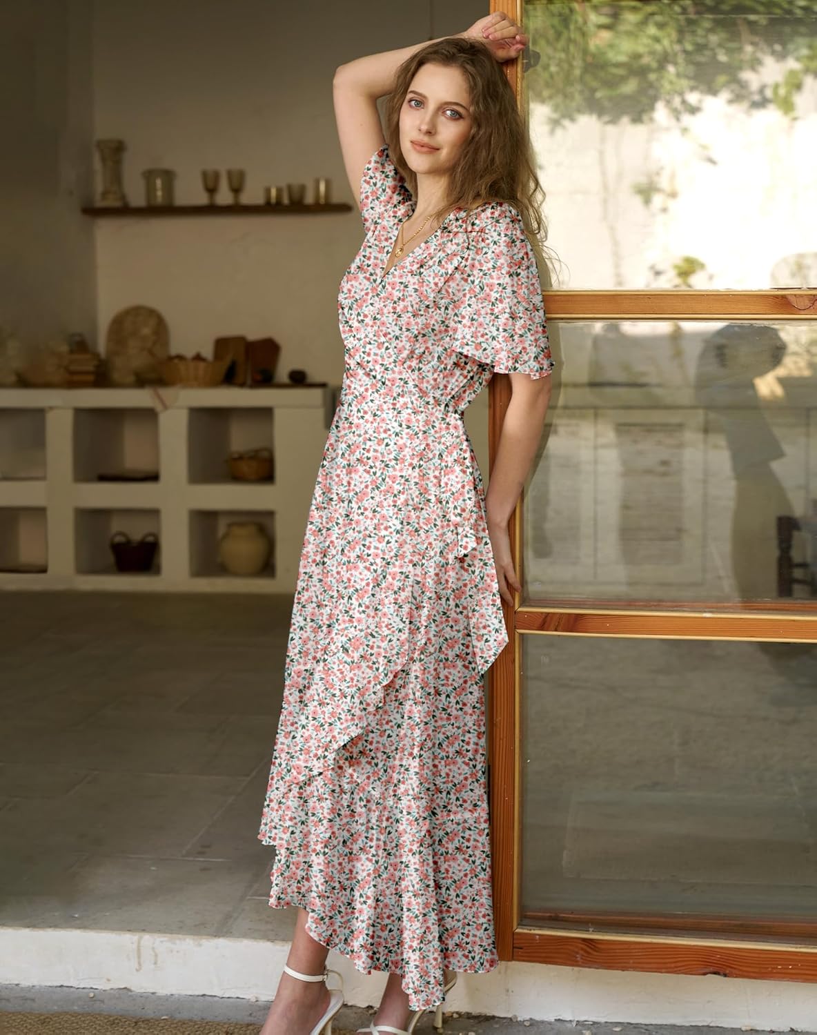 Women's Bohemian Floral Wrap Maxi Dress 2025 Summer Split Short Sleeve Boho Belted Flowy Dresses with Pockets - Image 3