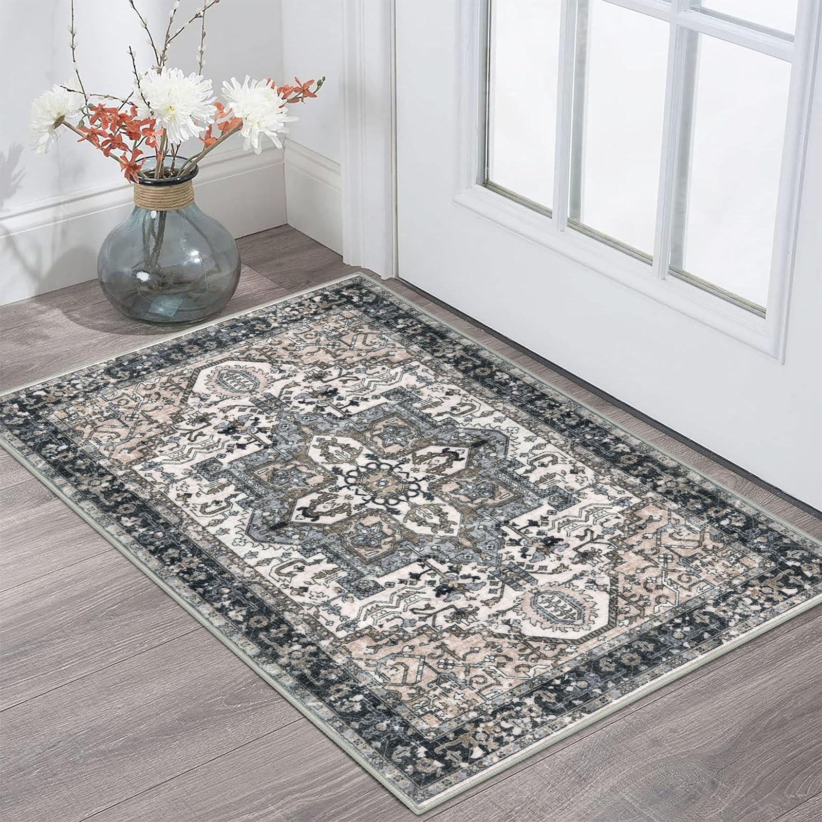 KOZYFLY Small Area Rug 2x3 Ft Rugs for Entryway Washable Boho Entry Rug Non Slip Door Mat Indoor Entrance Faux Wool Vintage Printed Kitchen Rug Throw Rugs for Entrance Kitchen, Black/Taupe/Beige โ image 1