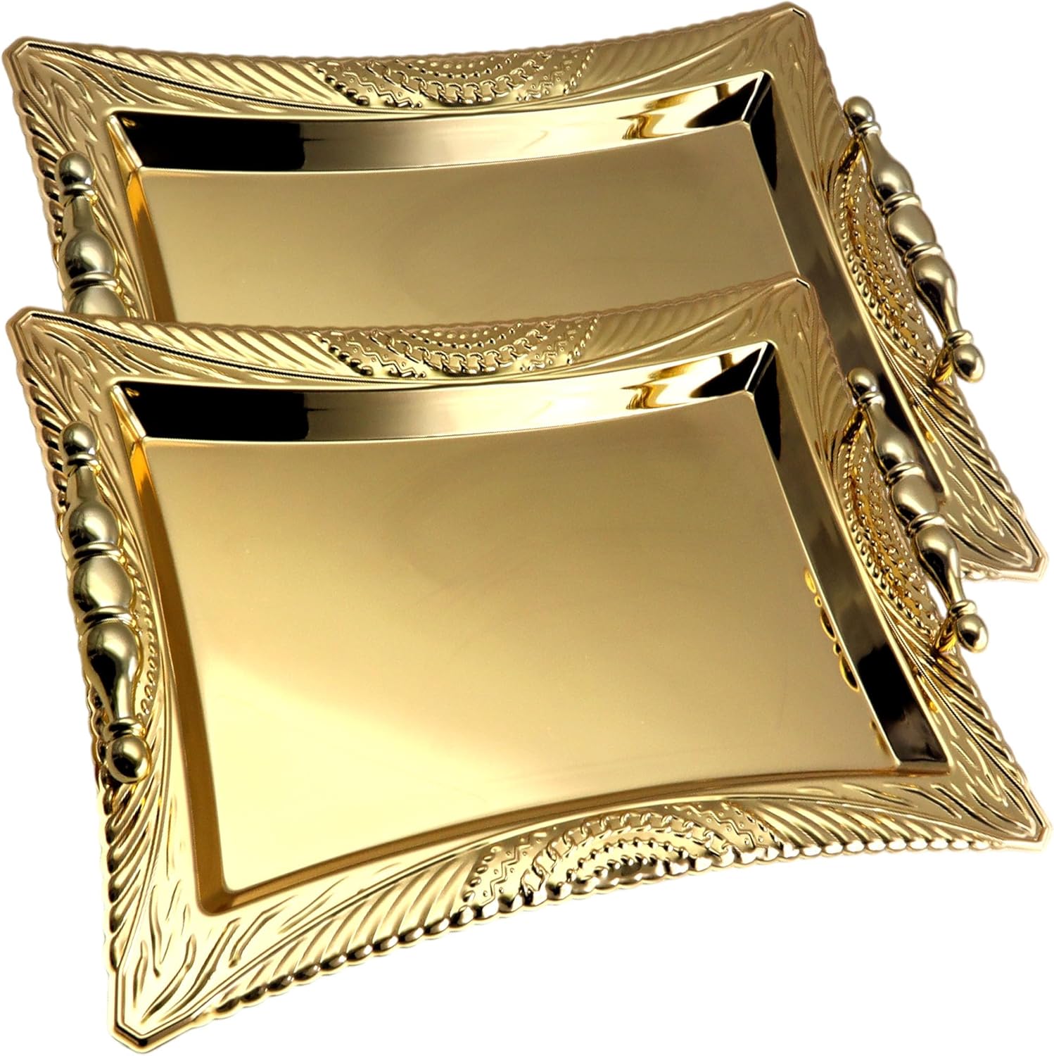 (Pack of 2) 14.2 inch x 10.4 inch Rectangular Iron Gold Plated Mirror Serving Tray with Handles Floral Engraved Party Birthday Wedding Wine Candle Decor Platter Plate Base Dish GD-332