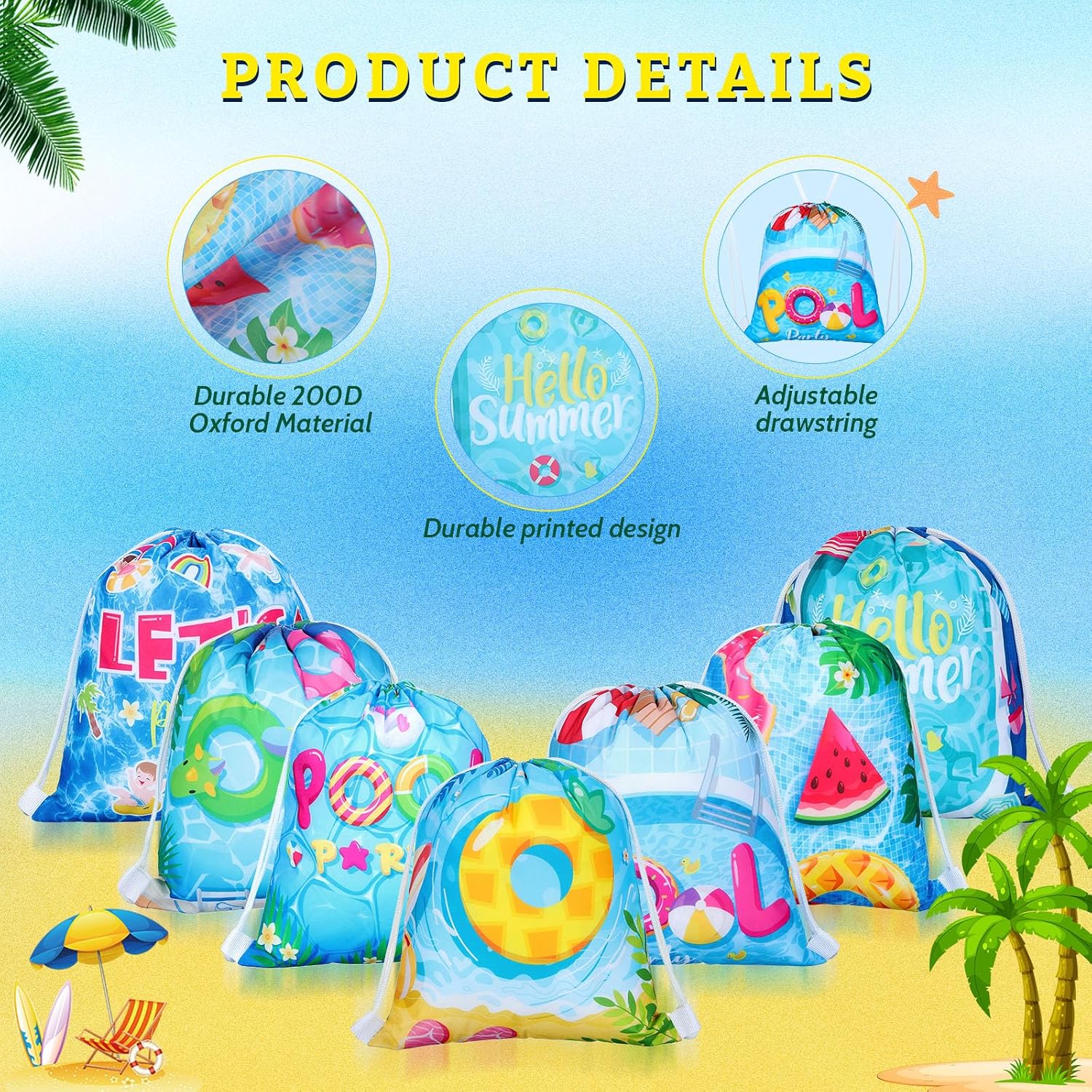 Panelee Pool Party Drawstring Bags Pool Party Favor Bags Beach Decorations for Girls and Boys Pool Party Supplies(18 Pcs)