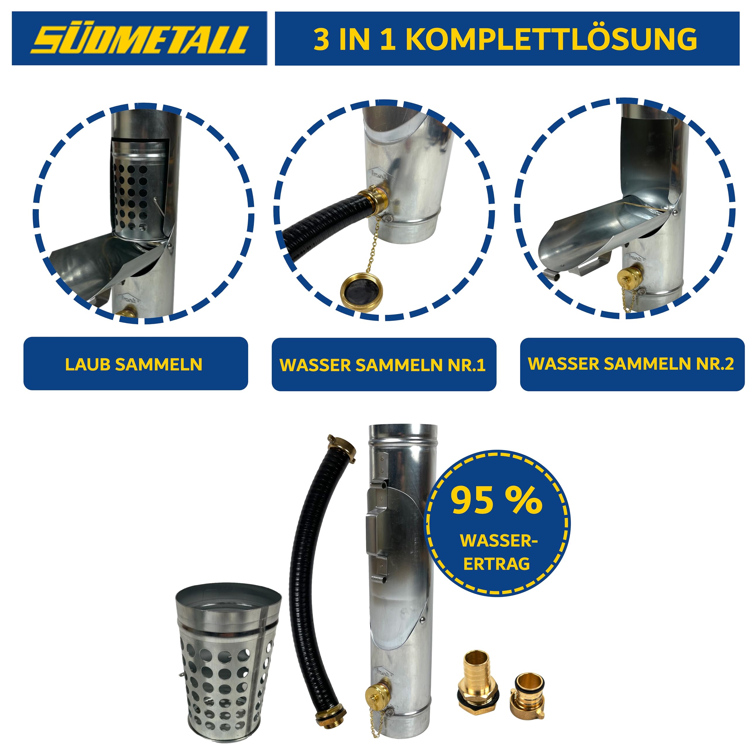 3in1 Zink Regenwassersammler & Laubsammler 100 mm Komplettsystem - Extrem hoher Wasserertrag ca. 95% - Kombination für Fallrohr/Ablaufrohr aus Wassersammler, Regenrohrklappe & Laubfänger