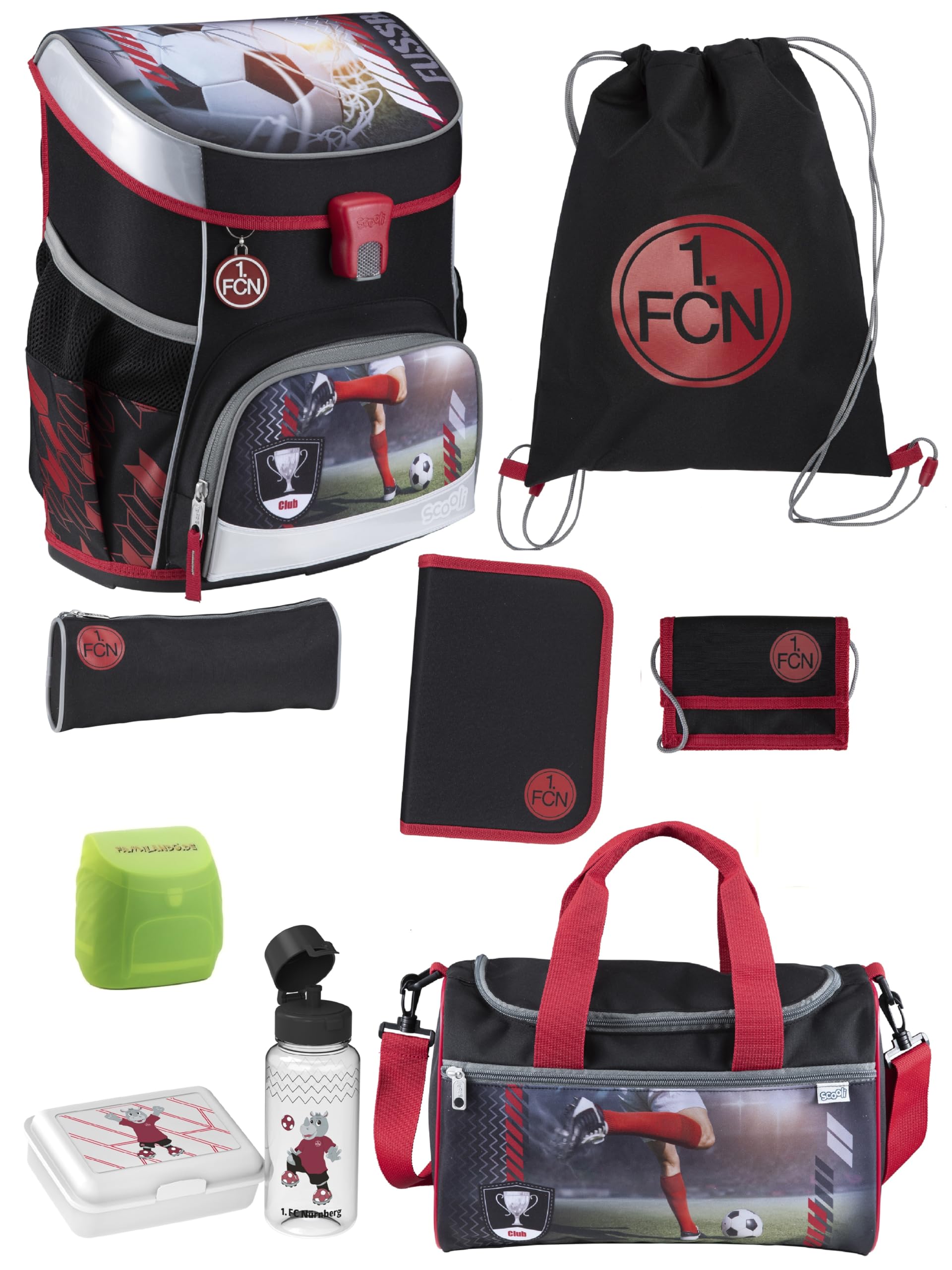Familando - Scooli Campus Fit Schulranzen Set - 9-teilig mit Sporttasche - 1. FC Nürnberg (1. FCN) - Für Fußball Fans - Ergonomisch & 980g leicht - 18L Volumen - Brustgurt & Reflektoren - ab 1. Klasse