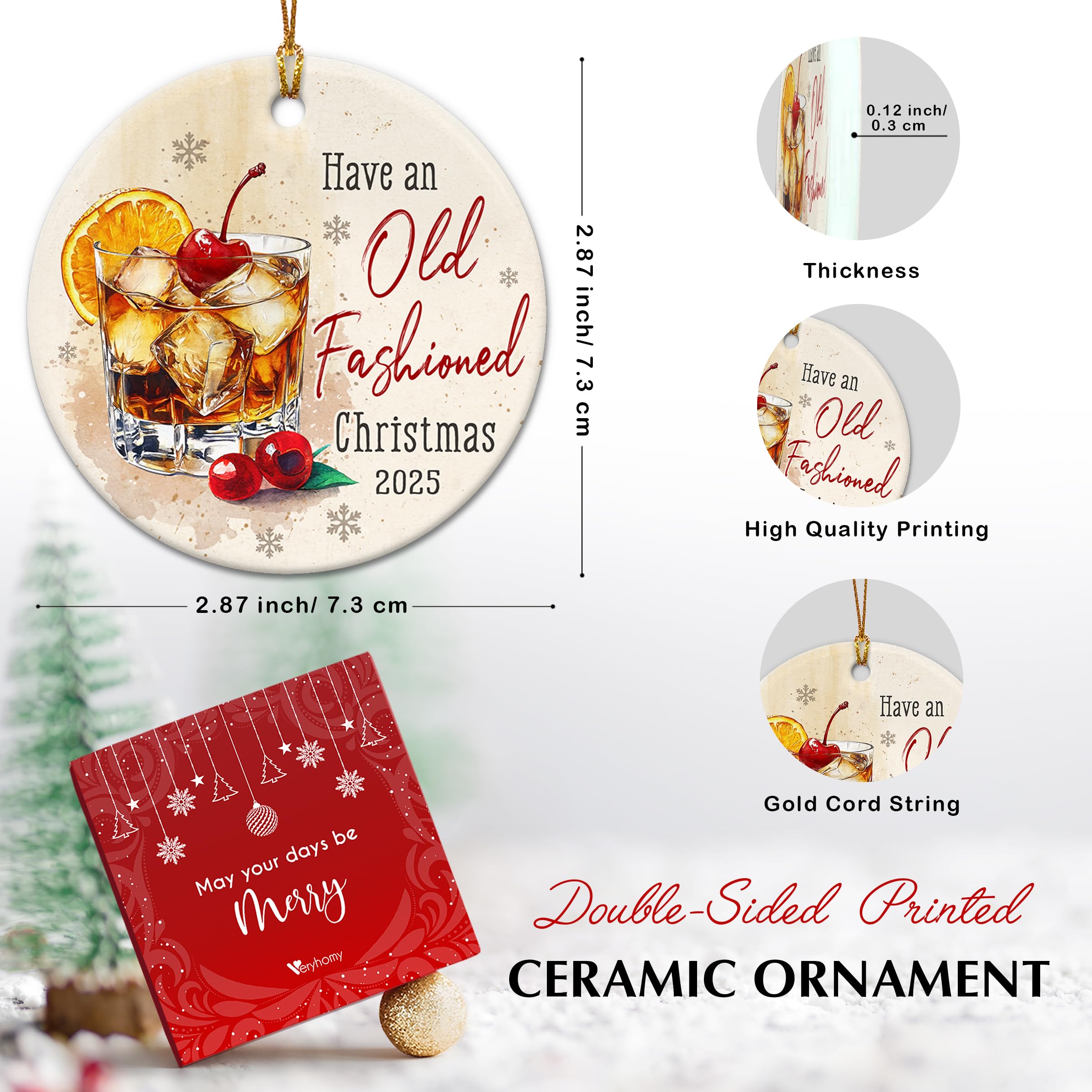 Condition photo showing New/Like New for Old Fashioned Cocktail Christmas Ornament 2025 – Bourbon Whiskey Christmas Tree Decoration for Men & Women Drinkers, Bartenders, Dad, Grandpa – Funny Cocktail Lover Gift Idea, Holiday Bar Keepsake