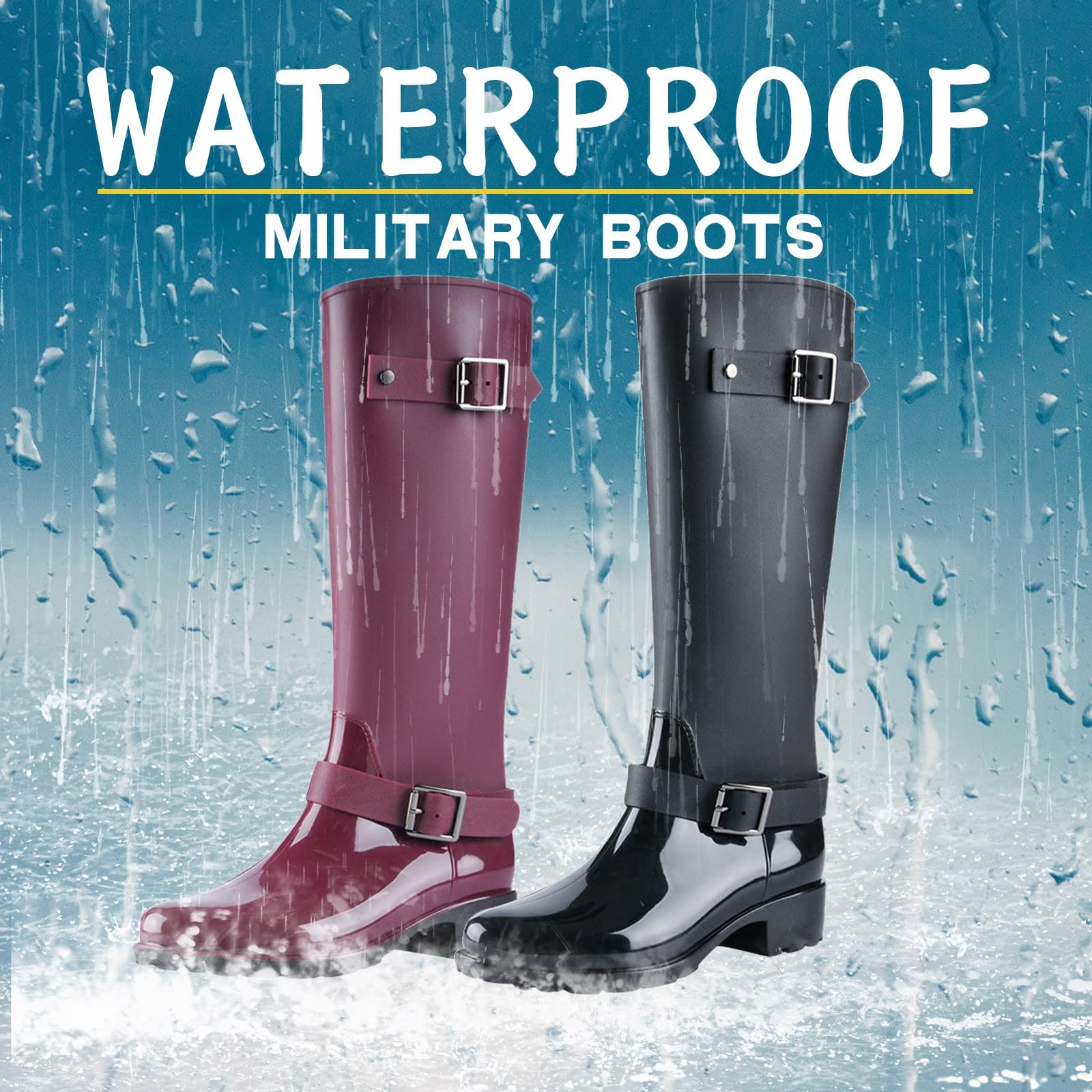 Botas de agua altas para mujer, botas de lluvia lisas y brillantes, de neopreno, totalmente impermeables, antideslizantes, botas de jardín, ultra agarre, para lavado de coches