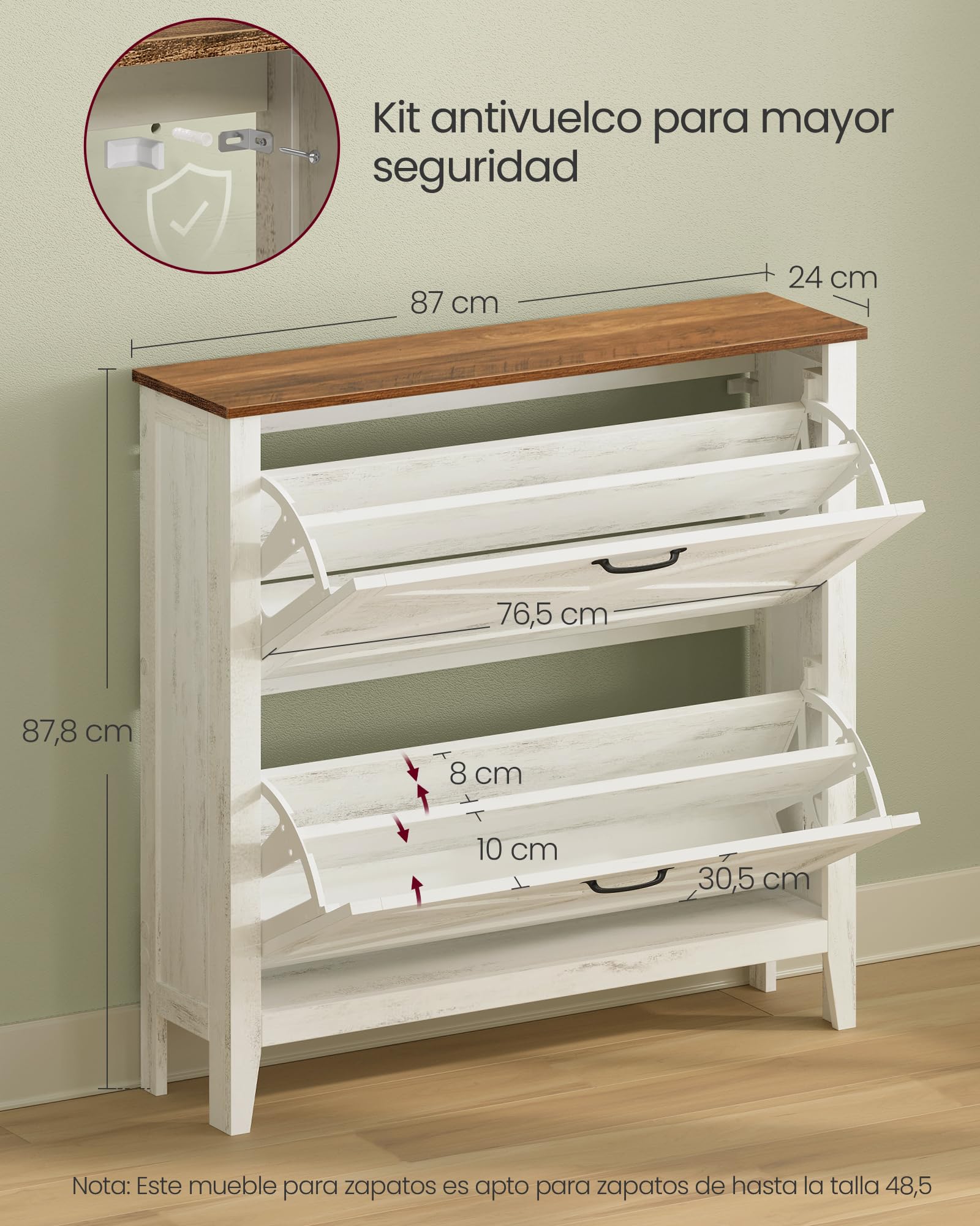 VASAGLE LIRY Colección - Mueble Zapatero, con 2 Cajones Abatibles, Zapatero Estrecho Independiente para Entrada, Estilo Rústico, para 12 a 16 Pares, Blanco Rústico HSC201W01