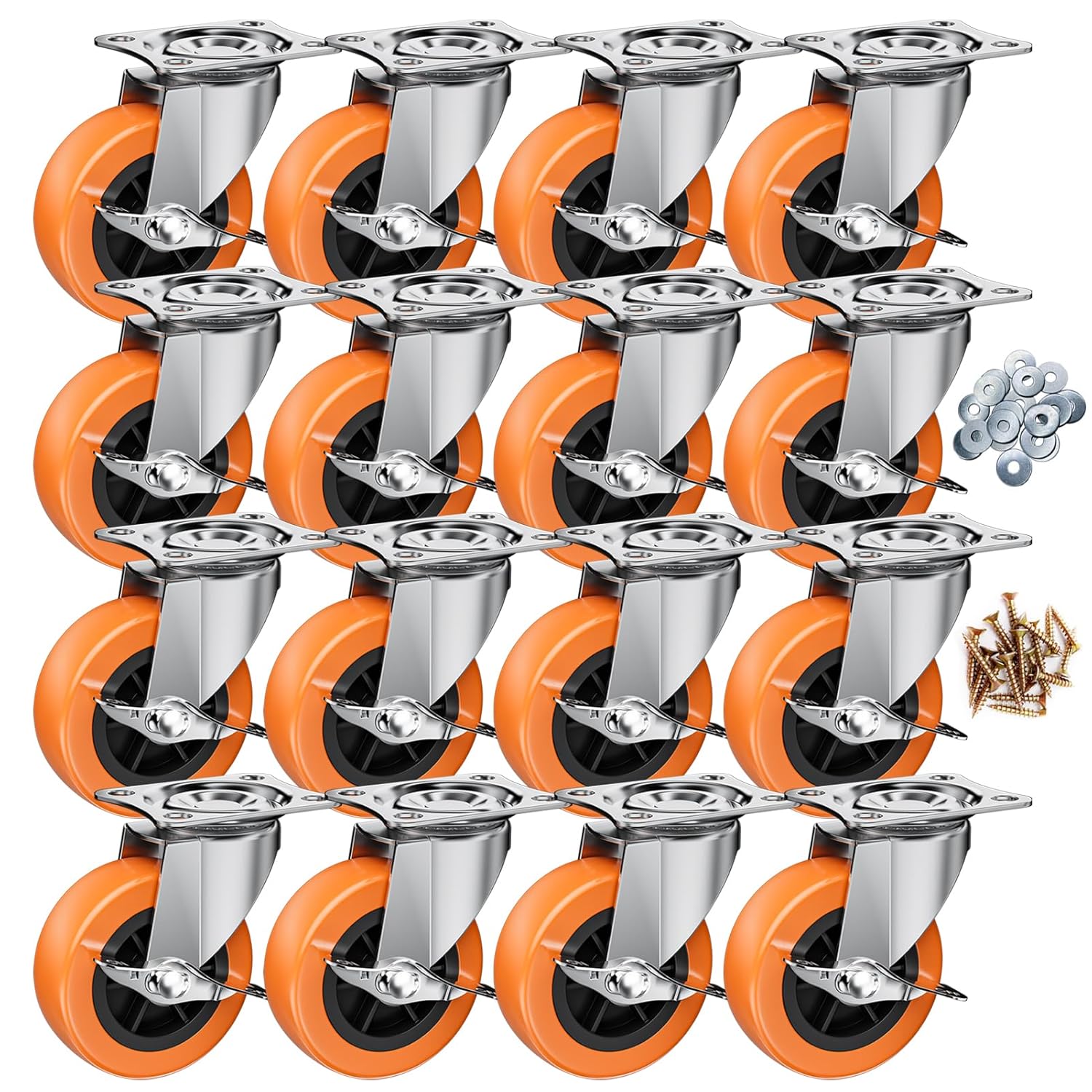 3 Inch Casters, ASHGOOB Caster Wheels with Side Brake, Locking Casters Set of 16, Industrial/Furniture Swivel Plate Caster Wheels for Workbench and Carts, Orange Polyurethane (PU) Castors (16 Pack)