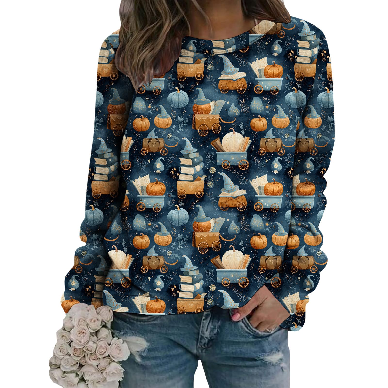 LIZALIG Pullover Cute Sweatshirt Orange Skeleton Fall Festive FunWomens Design Bat Holiday Party Outings Pumpkin Print