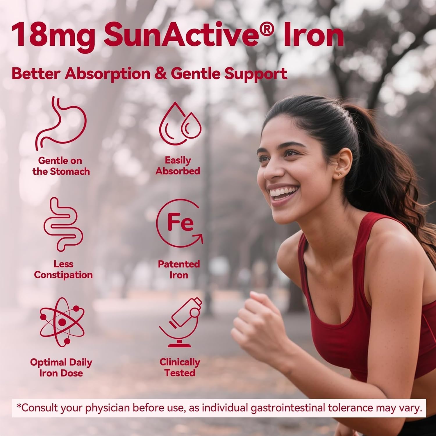 Gentle Iron Supplement for Women Anemia: Slow Release Iron Pills Clinically Shown to Support Iron for Prenatal Pregnant Patented SunActive Tech, with Folic Acid, B12, Vitamin C & B6, 18 mg, 20 Tablets