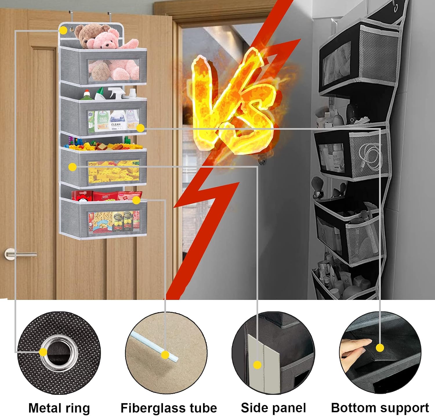 Vaisoz Over The Door Organizer,4 Large Pockets Fabric Wall Mount Storage with Mesh Clear Window,Over Door Organizer Hanging for Bathroom Pantry Closet Dorm(Grey)