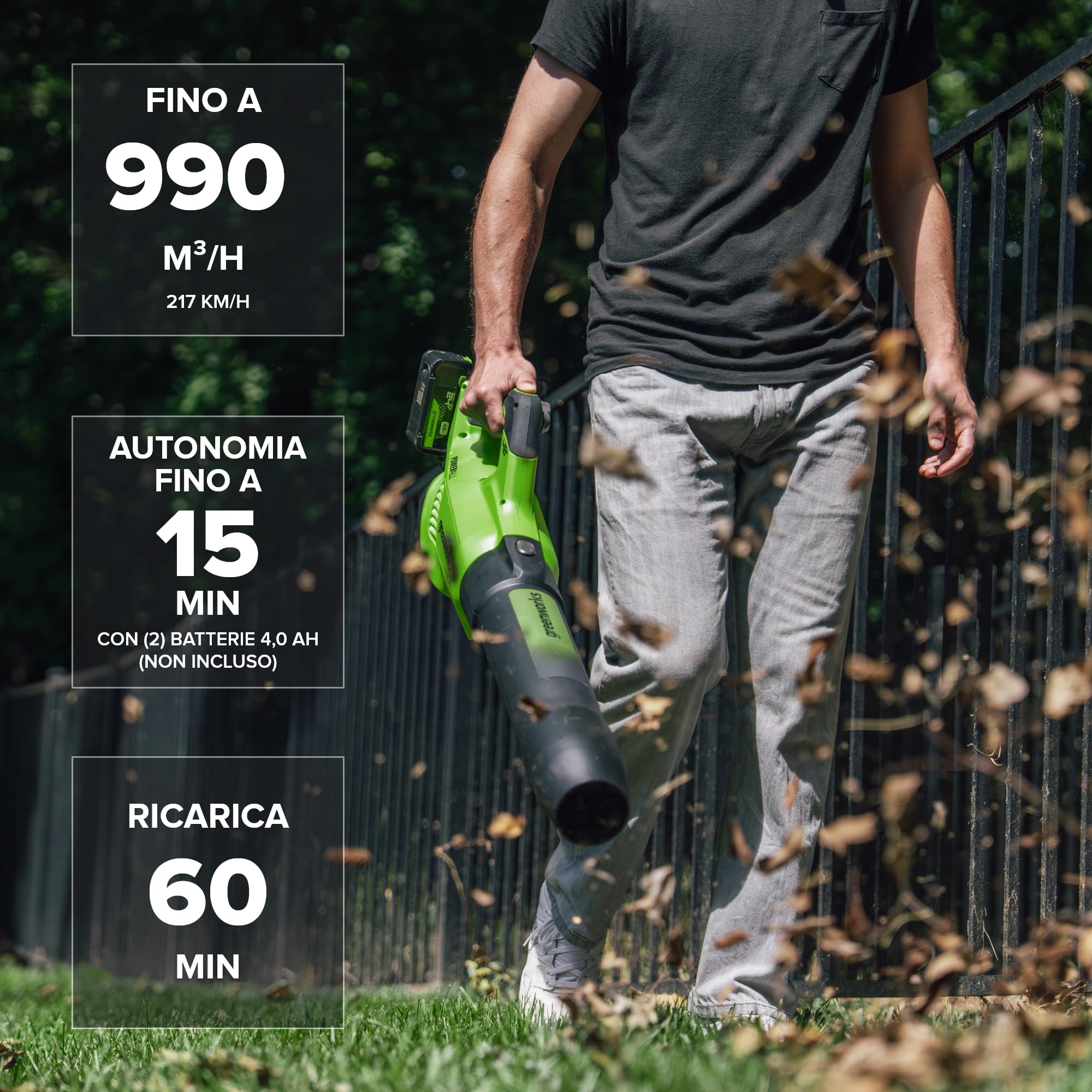 Greenworks 48V(24V x 2) Soffiatore Assiale a Batteria, Velocità Aria 217 Km/h, 16.4m³/min, Potente Tubo Soffiatore Assiale Controllo di Velocità Elettronico Senza Batteria e Caricatore BL48L00-01