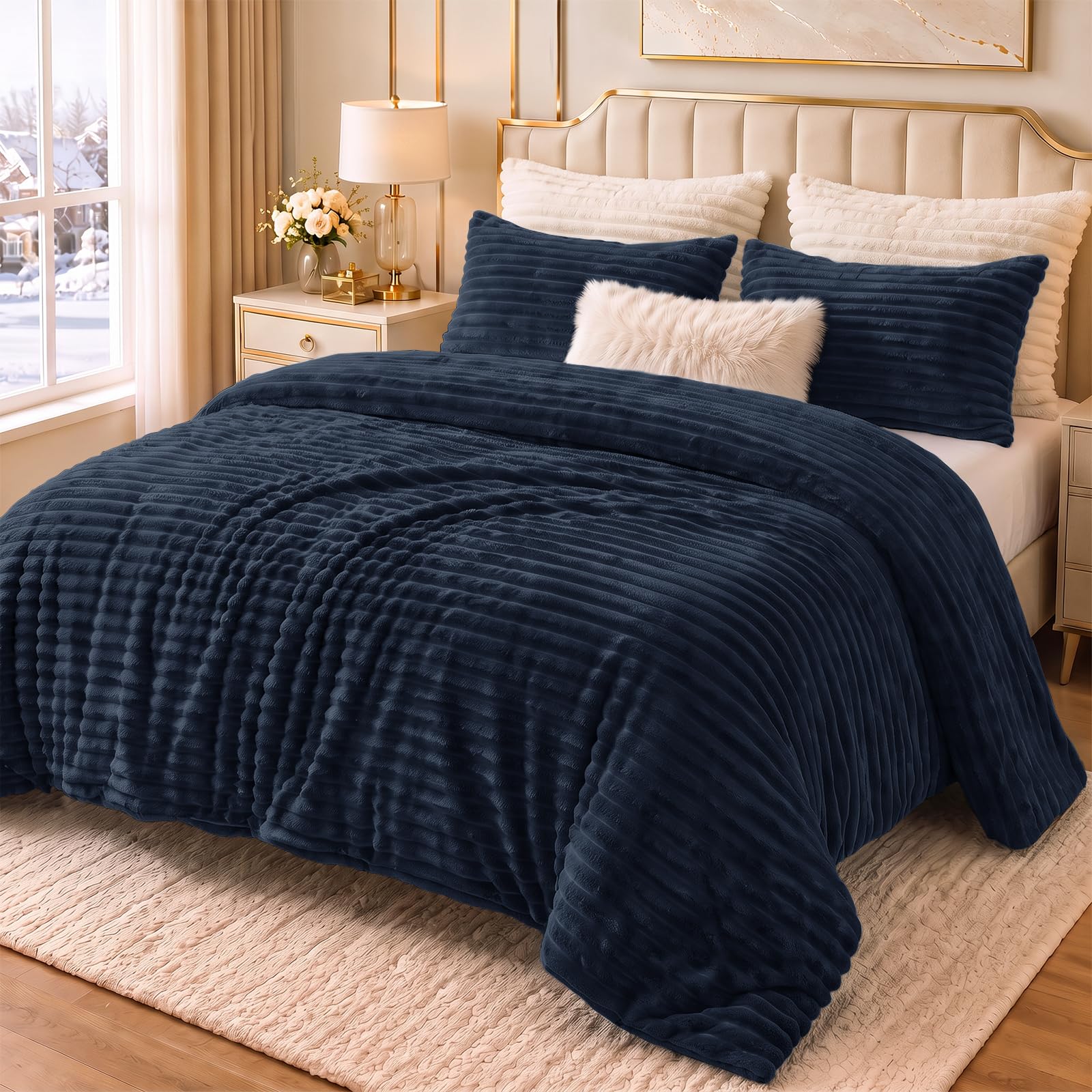 CozyLux Fleece 3-Piece Winter Comforter Set in Navy Blue