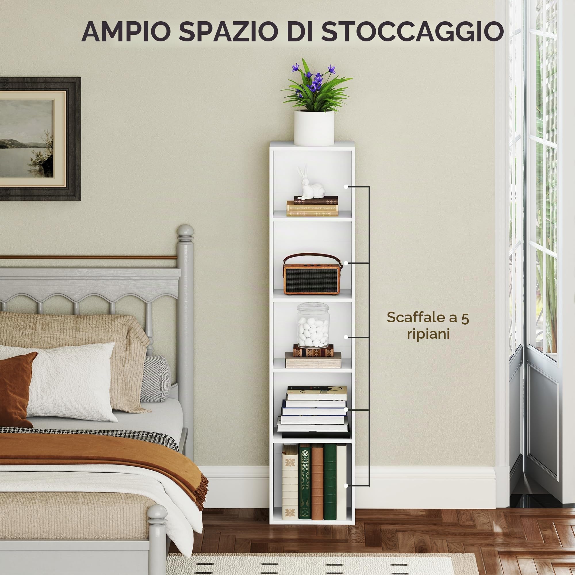HOMCOM Libreria, scaffale portaoggetti a 5 livelli, mobile portaoggetti con ripiani regolabili per soggiorno, camera da letto, ufficio, 30 x 24 x 133,5 cm, bianco