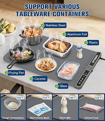 Miniatura 4 de Tapete de calentamiento de alimentos, bandeja de calentamiento eléctrico de calentamiento rápido con 9 ajustes de temperatura y temporizador de 6