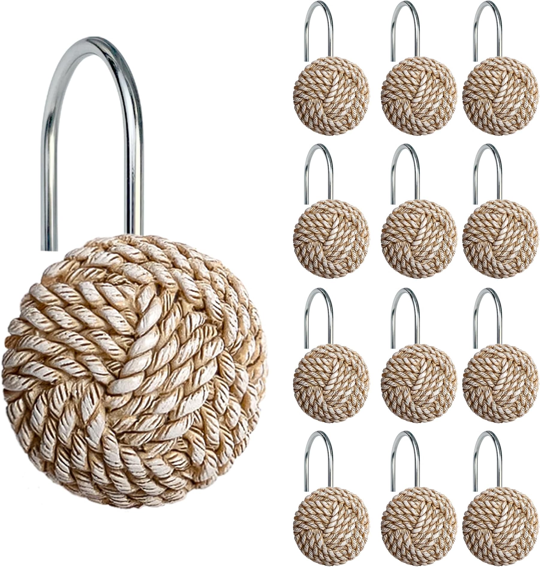 Boho Knots Shower Curtain Hooks, Home Decorative Shower Curtain Rings for Bathroom, Seaside Nautical Shower Curtain Hangers Bathroom Accessories, Set of 12