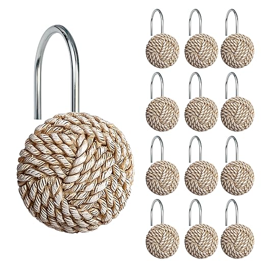 Sunlit Boho Knots Shower Curtain Hooks, Home Decorative Shower Curtain Rings for Bathroom, Seaside Nautical Shower Curtain Hangers Bathroom Accessories, Set of 12
