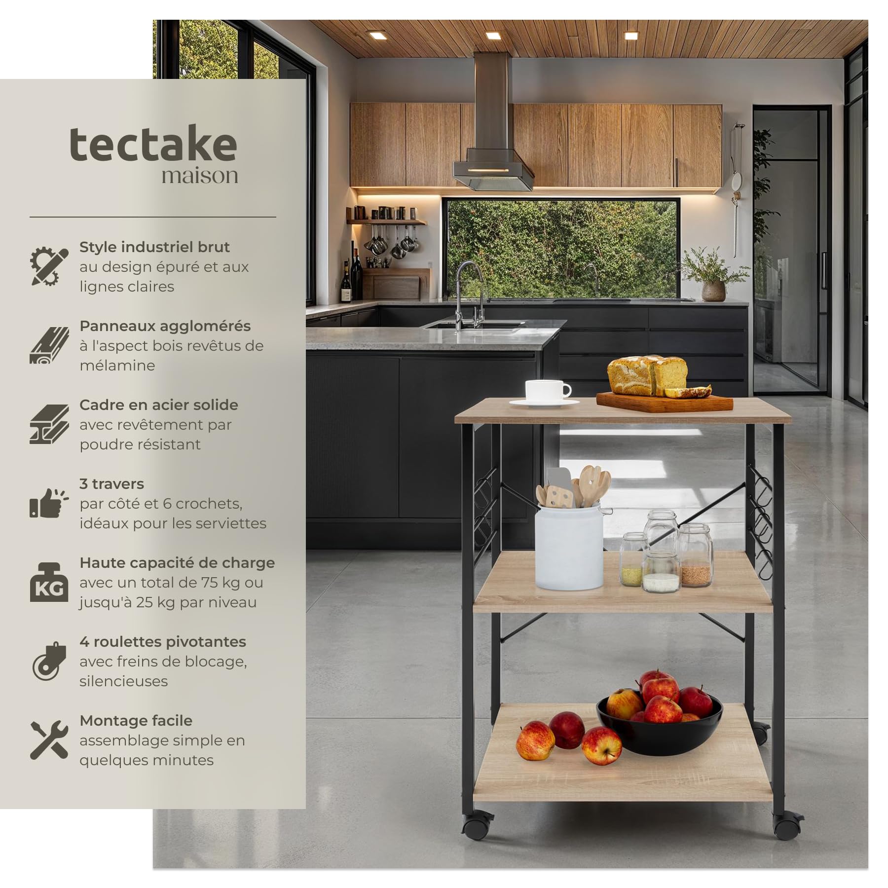 tectake® Desserte à roulettes 65,5 x 45,5 x 88,5 cm, Servante à 3 Niveaux et 6 Crochets pour Accessoires Chariot de Service Desserte de Cuisine roulettes pivotantes à Frein Meuble Cuisine, Bois Clair