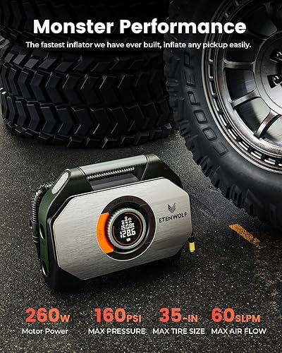 Miniatura 3 de ETENWOLF VORTEX S7 Inflador de neumáticos para vehículos resistentes, compresor de aire portátil para neumáticos de automóvil con batería de 160 PSI
