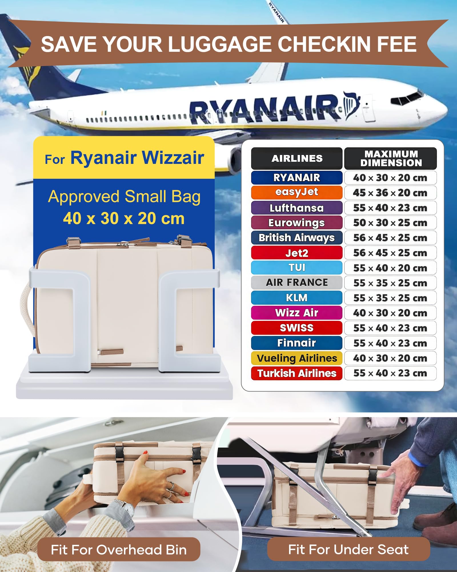SZLX Zaino Ryanair 40x30x20 Donna Zaino da Viaggio 40x30x20 Wizzair Bagaglio a Mano Uomo per Laptop da 14 Pollici Borse da Cabina Easyjet con Porta Scarpe